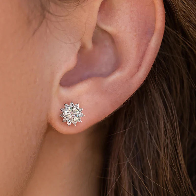 0.5ct Moissanite Halo Sunflower Stud Earrings 925 Sterling Silver Women