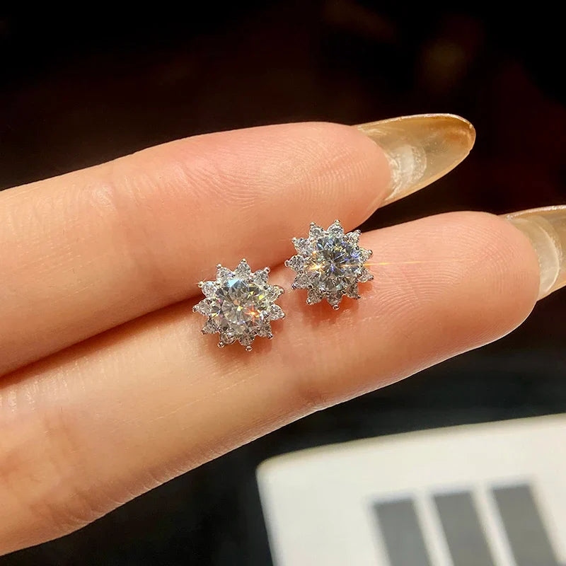 0.5ct Moissanite Halo Sunflower Stud Earrings 925 Sterling Silver Women