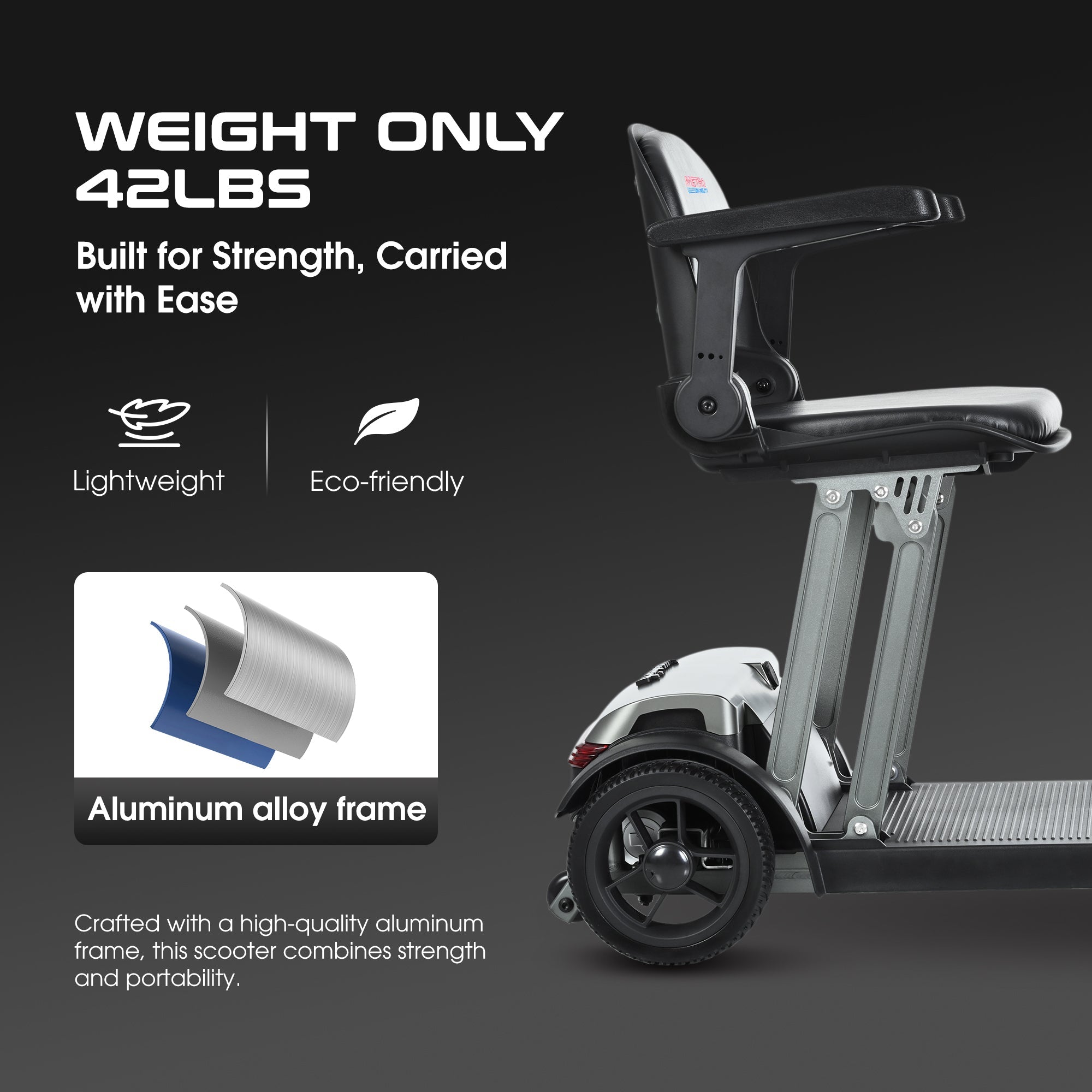 Mobility Scooter Folding Lightweight Metal Gray USB Port Travel Compact