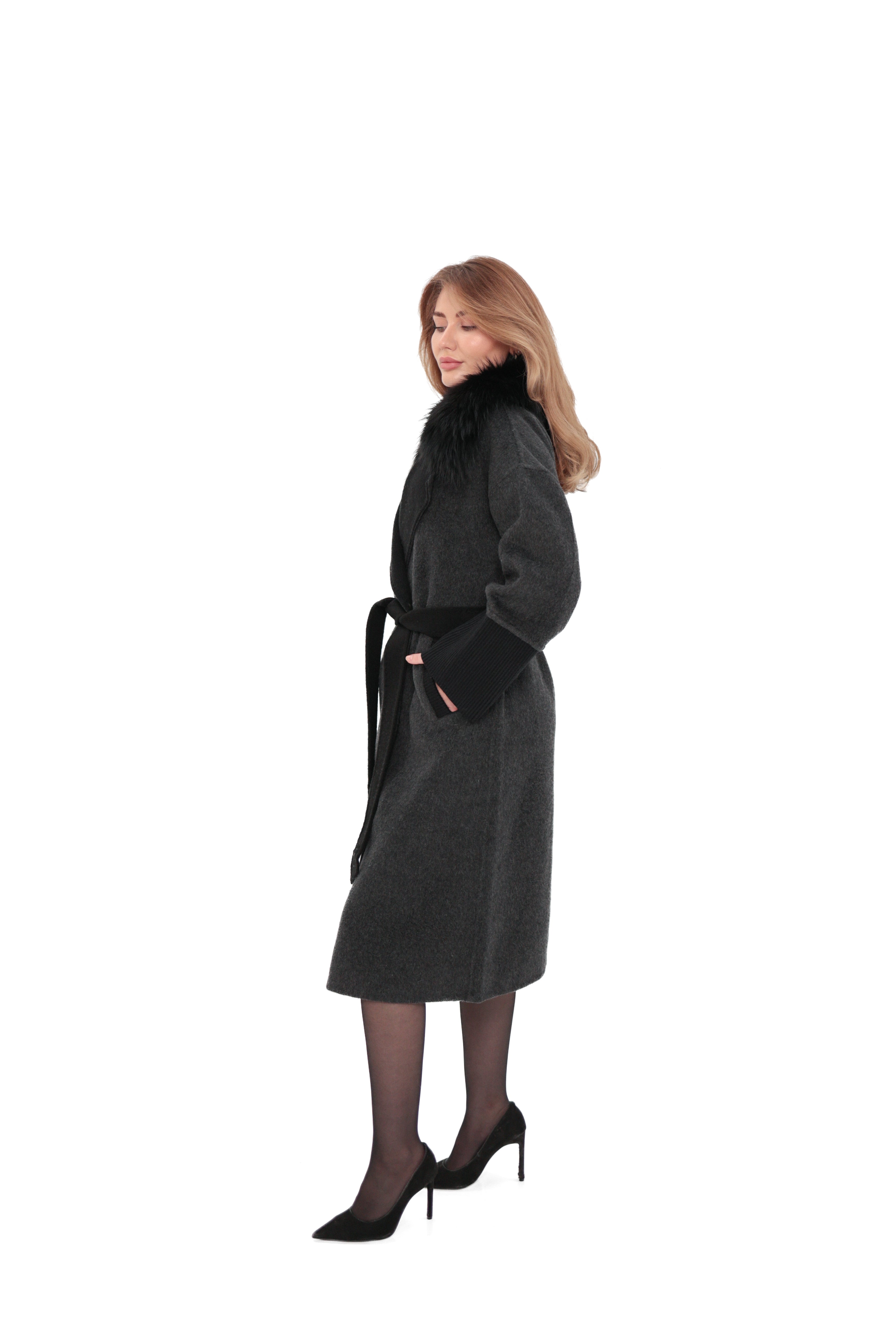 Boston Genuine Silver Fox Cashmere Blend Double-Face Coat in Graphite