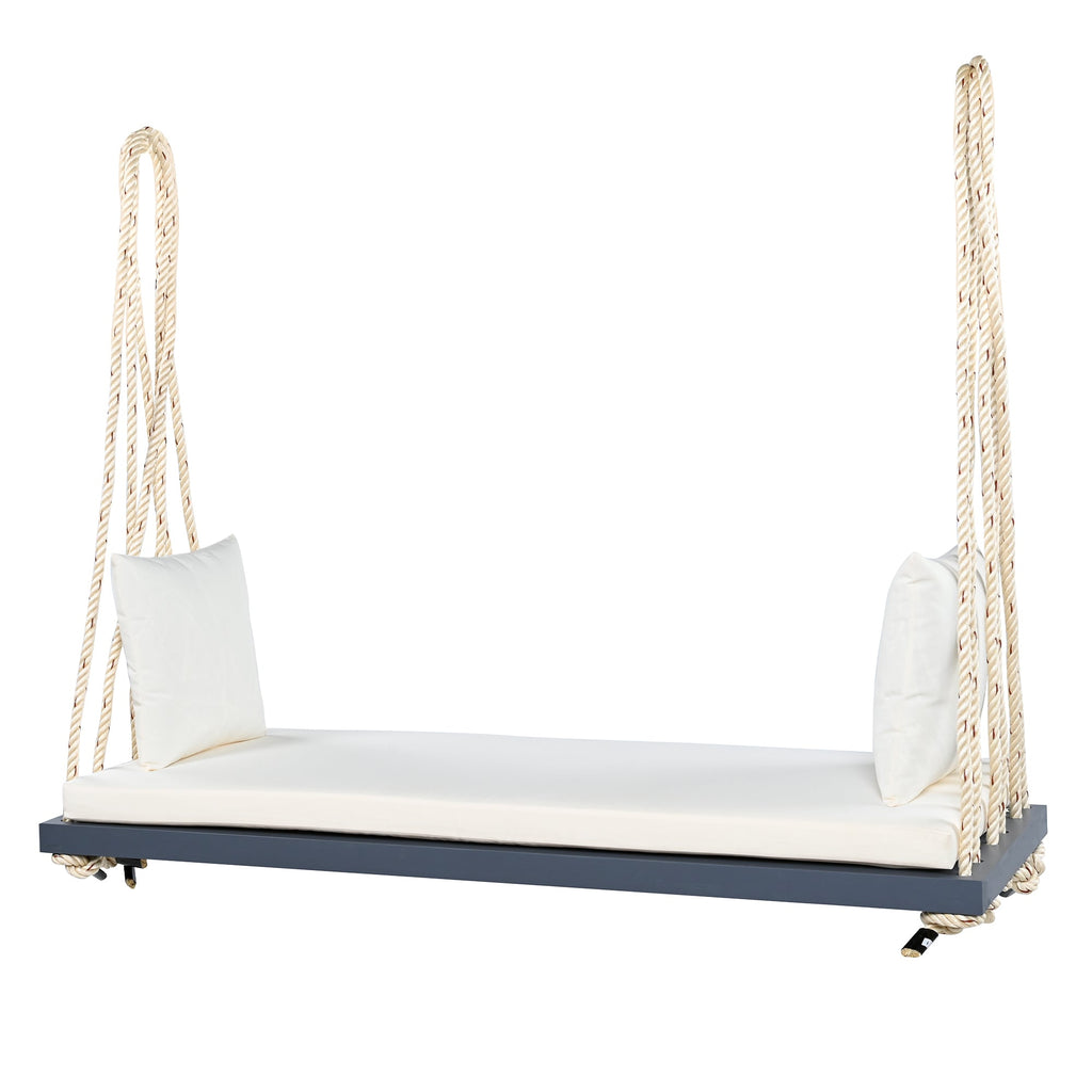 Outdoor Hanging Swing Chair Acacia Wood Gray Cushion Pillows 63x23.6 In 400 LB