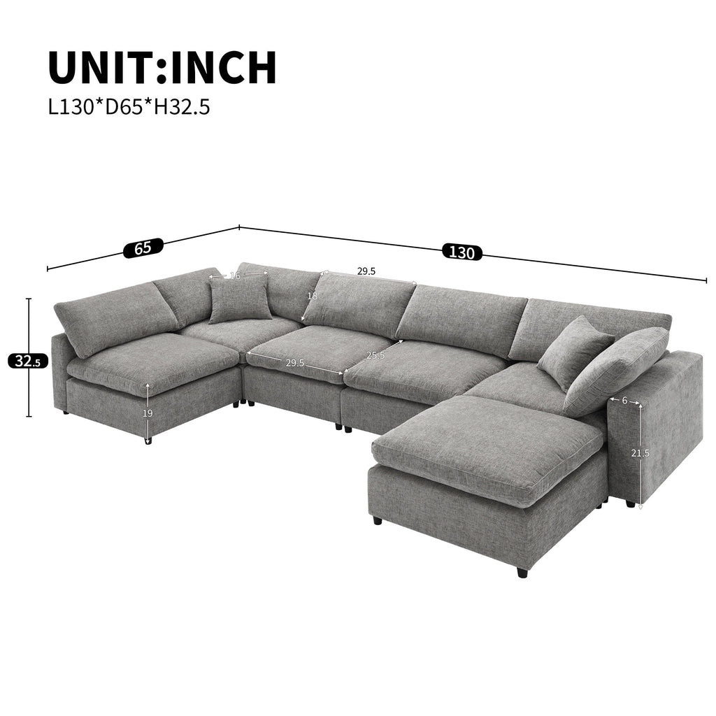 6-Seat U-Shape Modular Sofa with Ottoman, 130