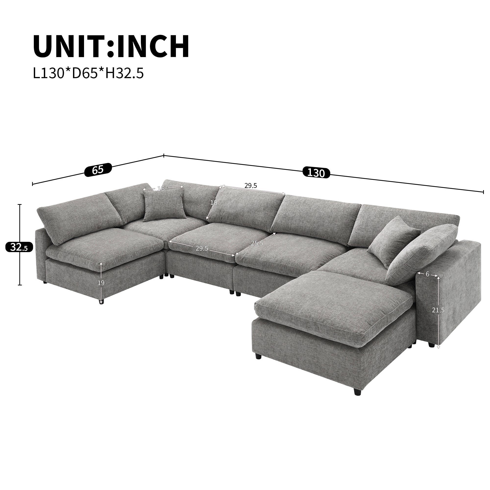 6-Seat U-Shape Modular Sofa with Ottoman, 130