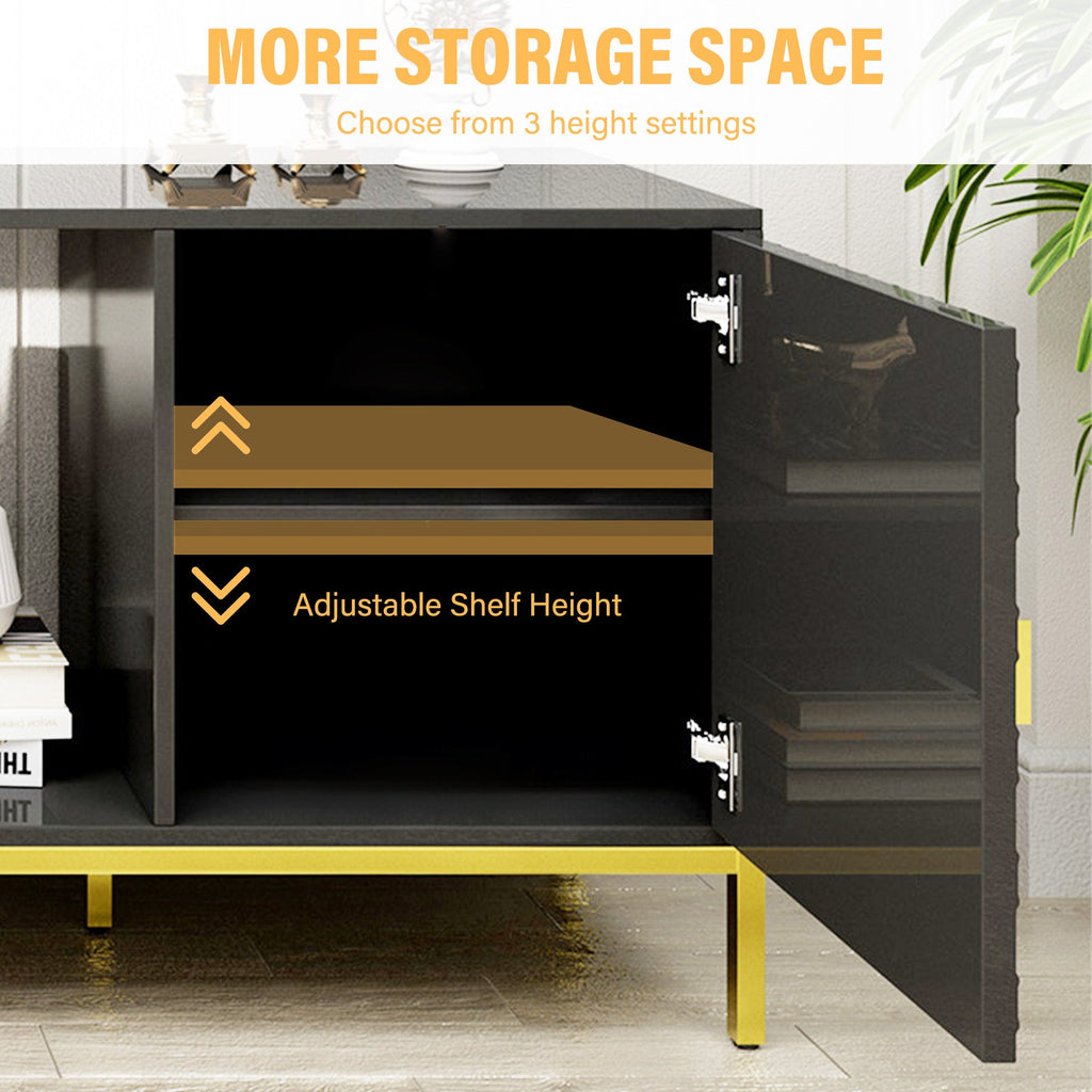 TV Stand Fireplace Space MDF Black Honeycomb Door Gold Legs 80 LB 70 In