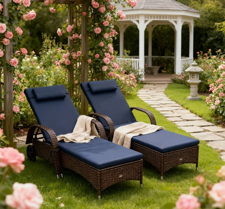 Chaise Lounge PE Rattan Dark Blue 5-Position Wheels Set of 2 76in