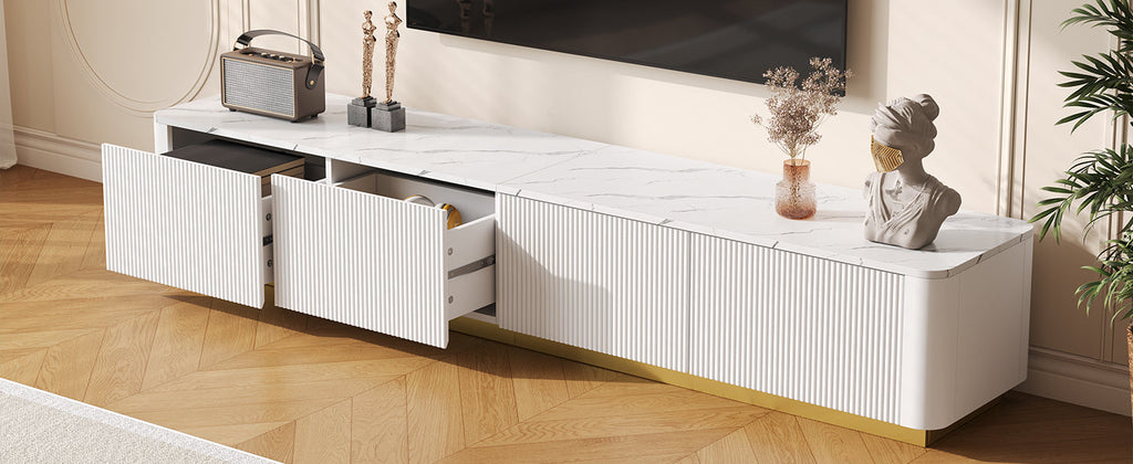Luxury Fluted White TV Stand Faux Marble Top 4-Drawer 85