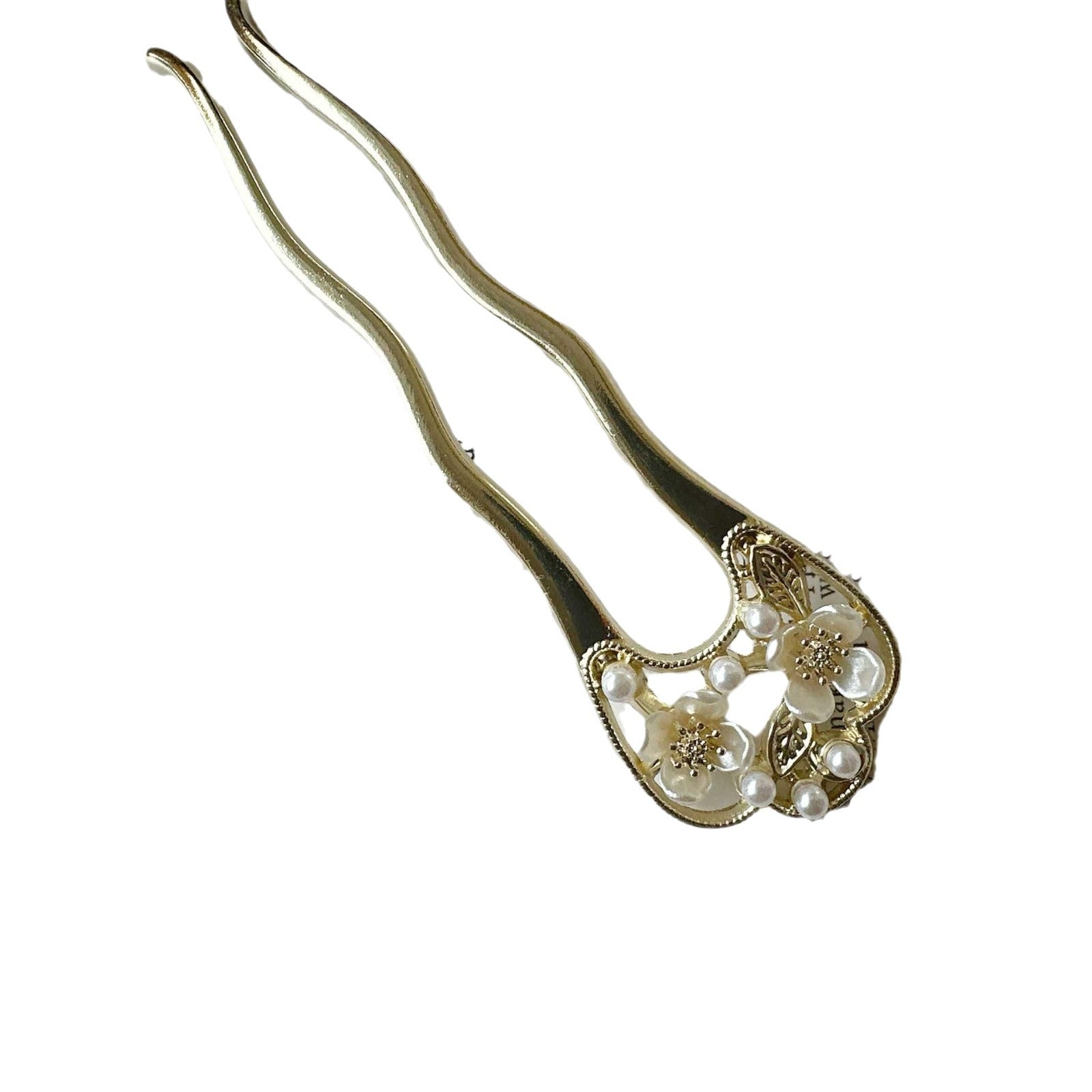 Gold Camellia Beaded U-Shaped Hair Pin