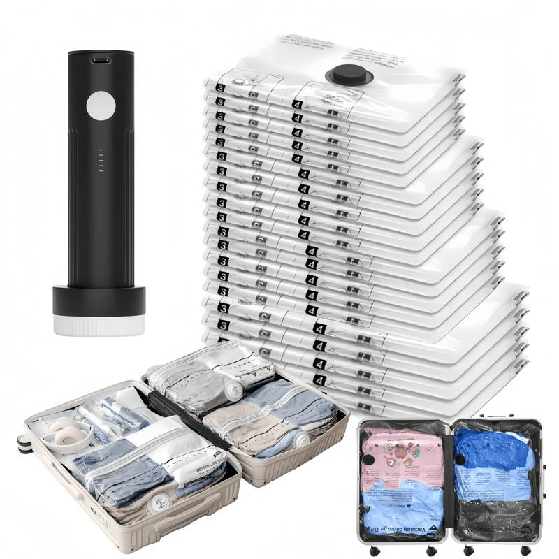 Travel Vacuum Bags with Portable Electric Pump, 12 Combo (3XL/3L/3M/3S) Compression Packing Seal Cubes for Clothing Suitcase Luggage Organizer, Space Saver Clothes Storage Bags