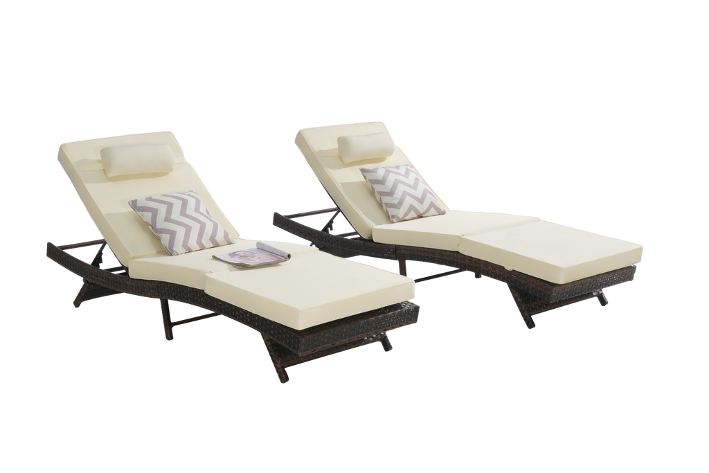 Outdoor Reclining Lounge Chair Wicker Khaki Set of 2 150 Degree 600 LB