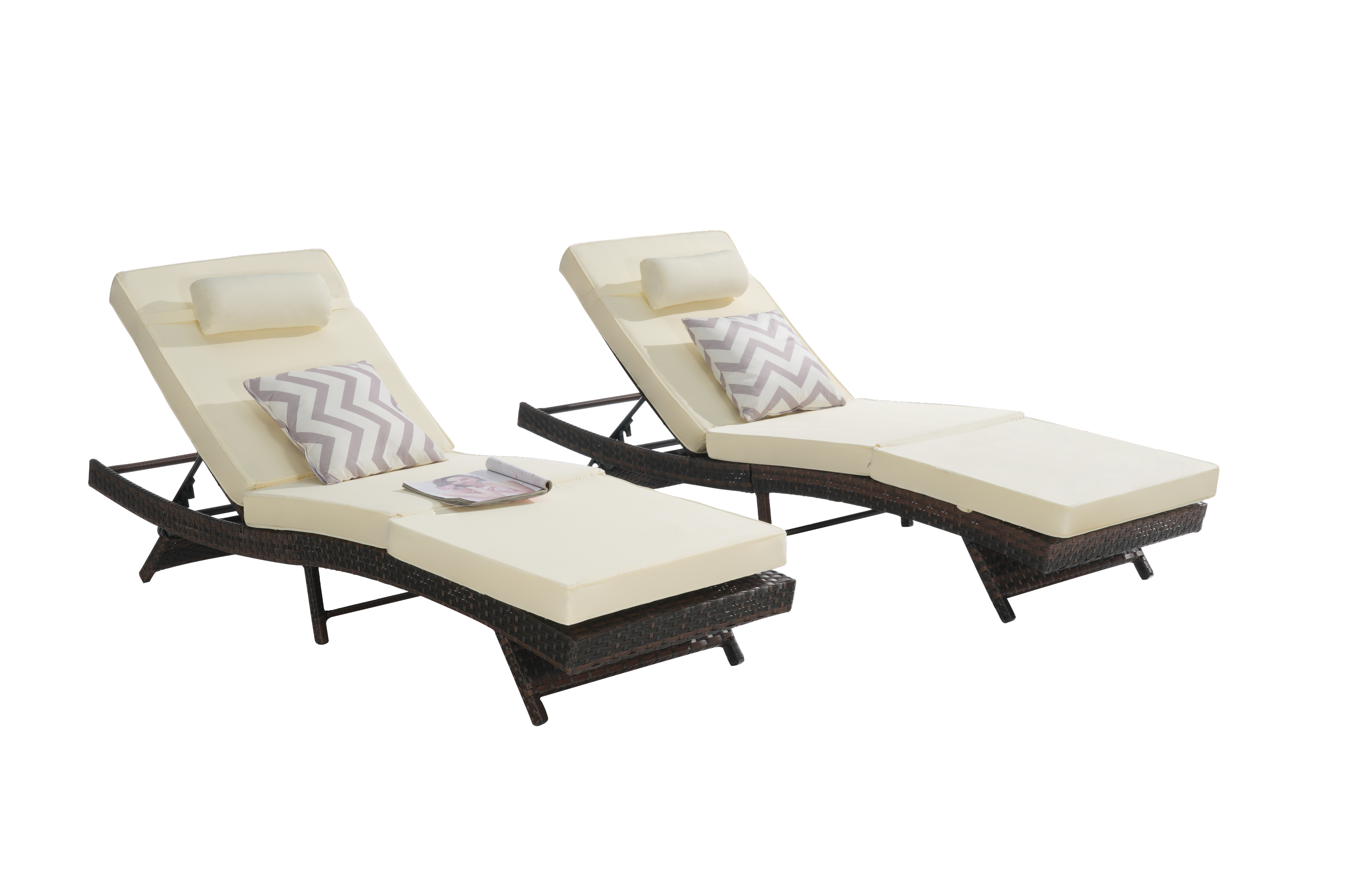Outdoor Reclining Lounge Chair Wicker Khaki Set of 2 150 Degree 600 LB