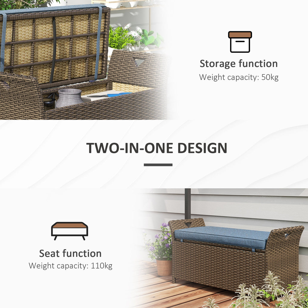 Outdoor Storage Bench PE Rattan Dark Blue 27 Gallon 2 in 1 with Cushion