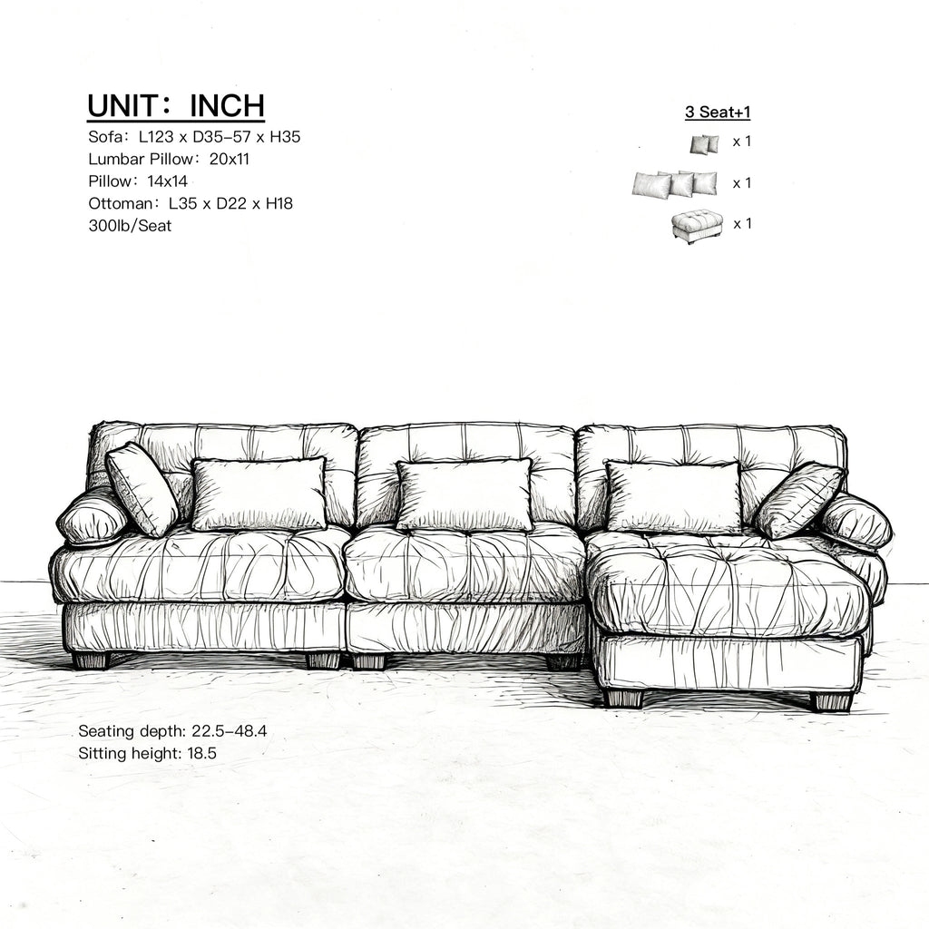 Sectional Sofa L-Shape Flannelette Beige 4 Seat Ottoman 123 In Deep Seat