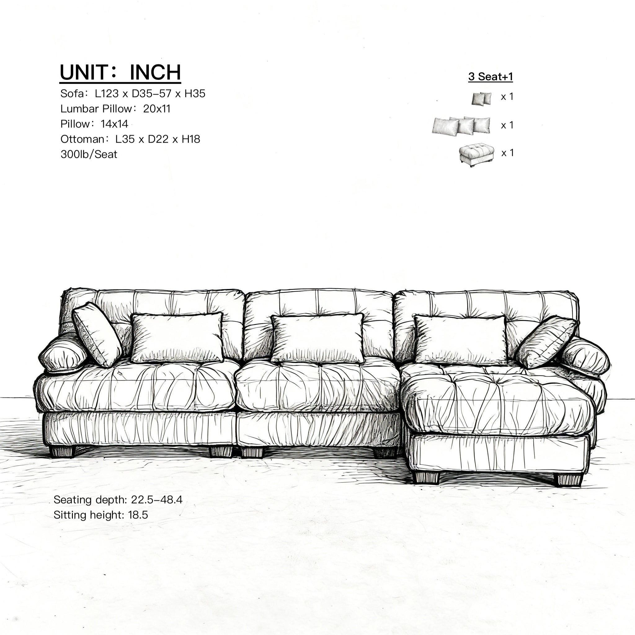 Sectional Sofa L-Shape Flannelette Beige 4 Seat Ottoman 123 In Deep Seat