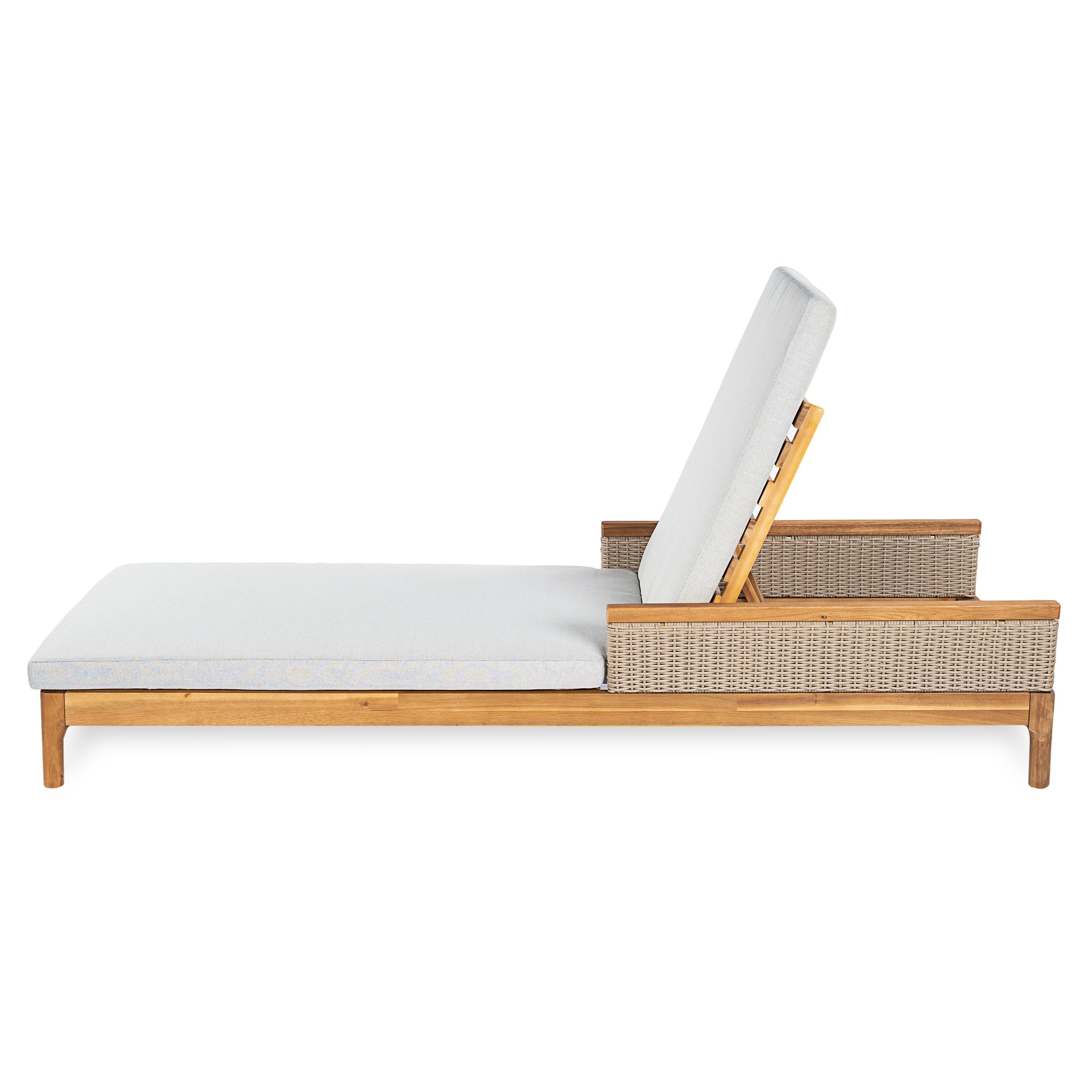 Chaise Lounge Acacia Wood Wicker Gray Cushion 4 Position 76.77in