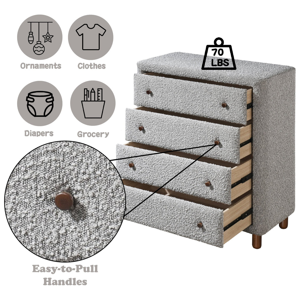 Chest of Drawers Gray Boucle Fabric 4-Drawer Rubber Wood MDF 33x38 In