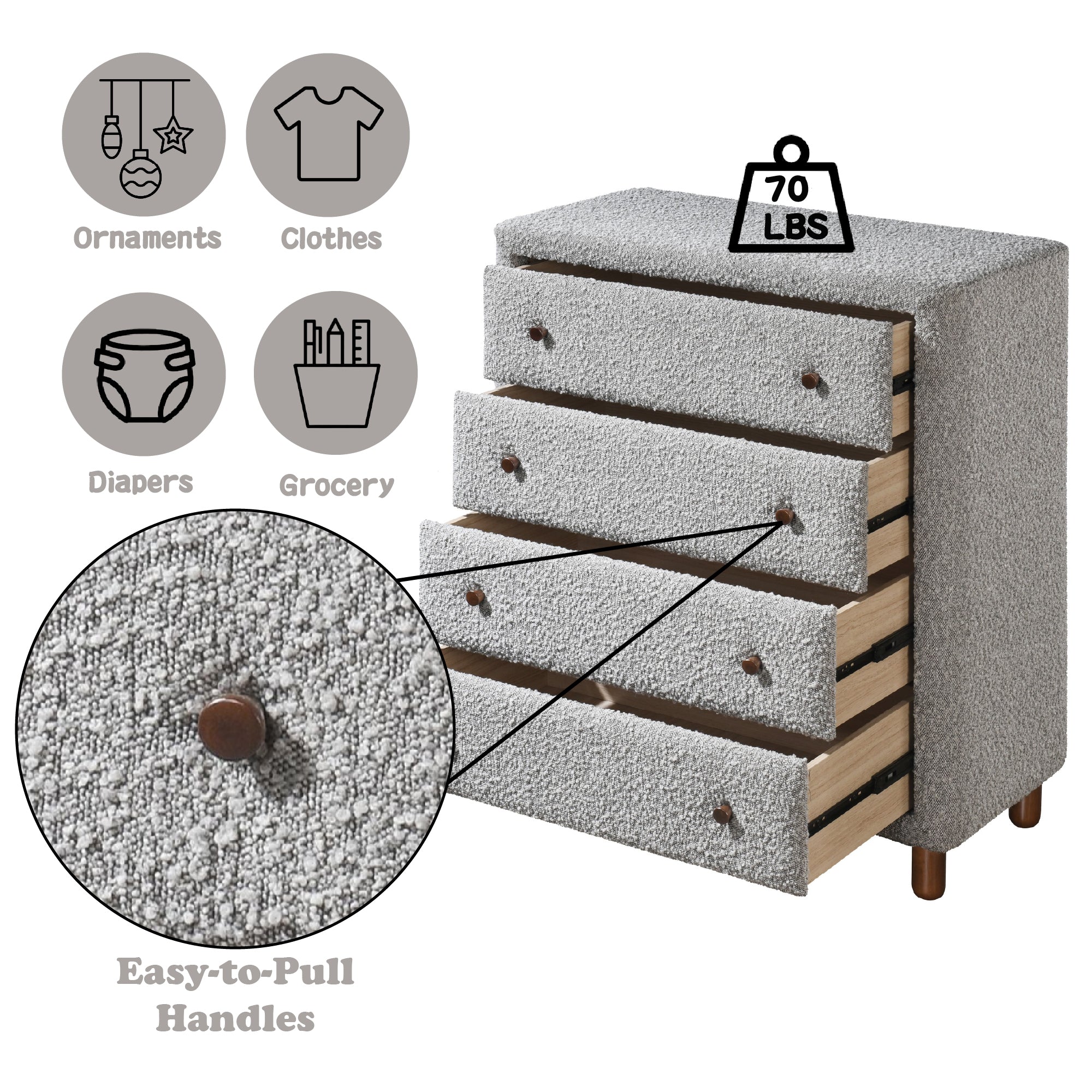 Chest of Drawers Gray Boucle Fabric 4-Drawer Rubber Wood MDF 33x38 In