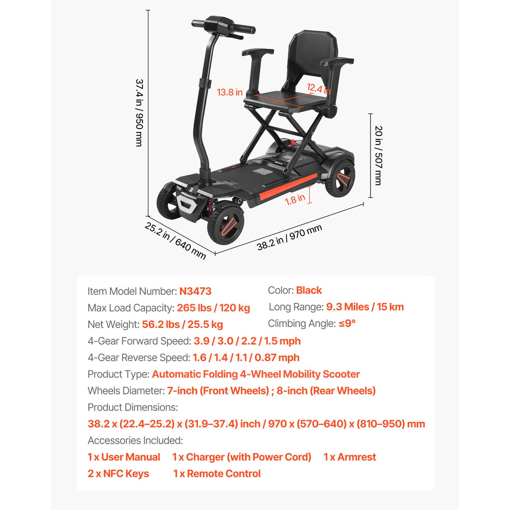 Mobility Scooter 4-Wheel Auto-Folding Remote Control 265 LB Black Orange
