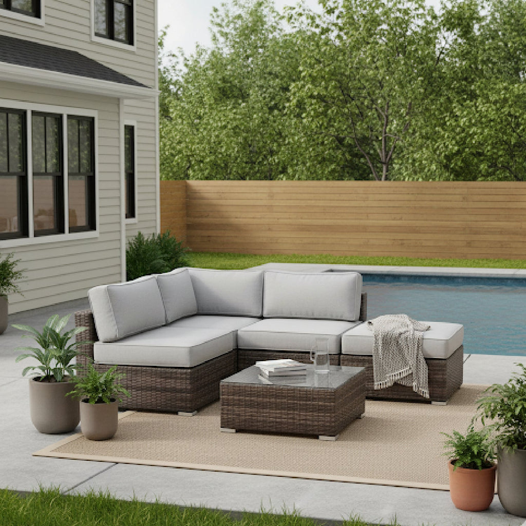 Outdoor Sofa Set HDPE Wicker Brown 3 Piece Sofa Ottoman Glass Table Seats 3