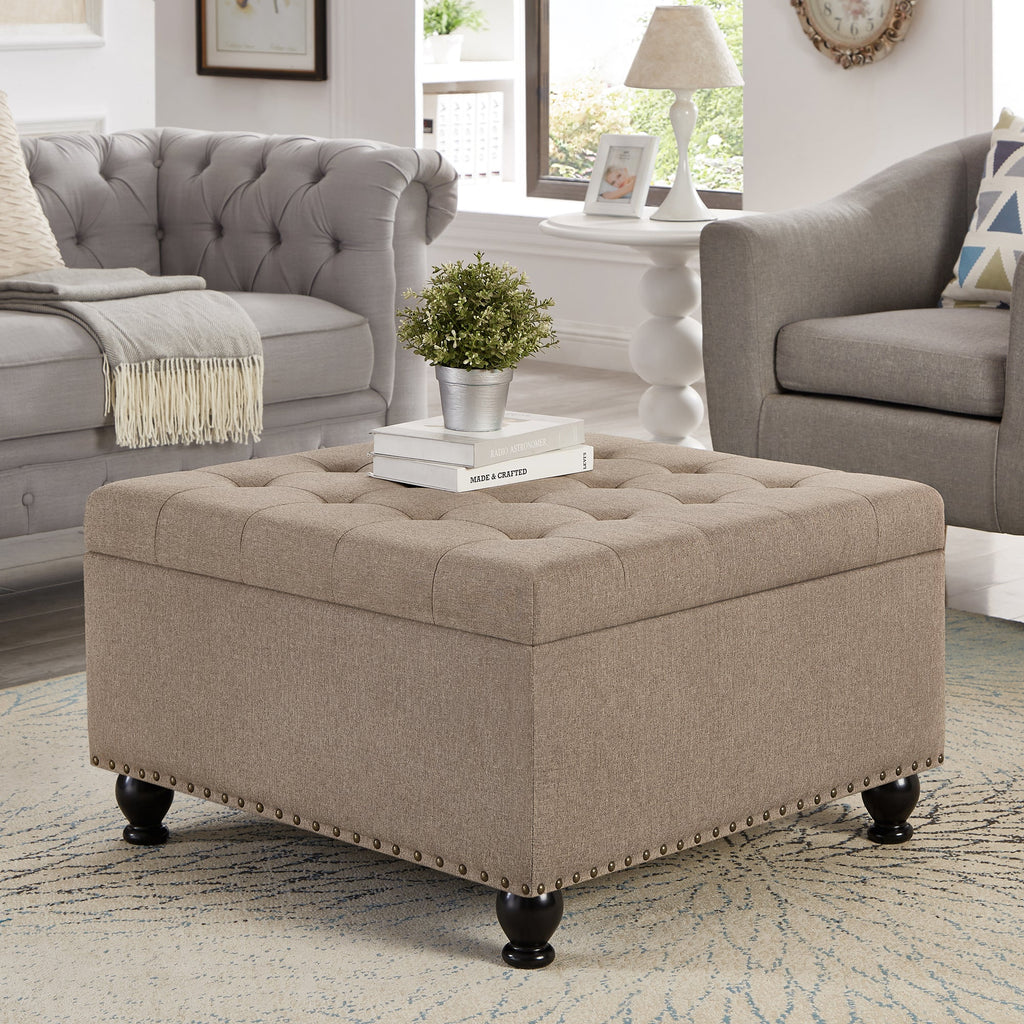 Large Square Storage Ottoman Button Tufted Wooden Legs Linen, 30x30x18