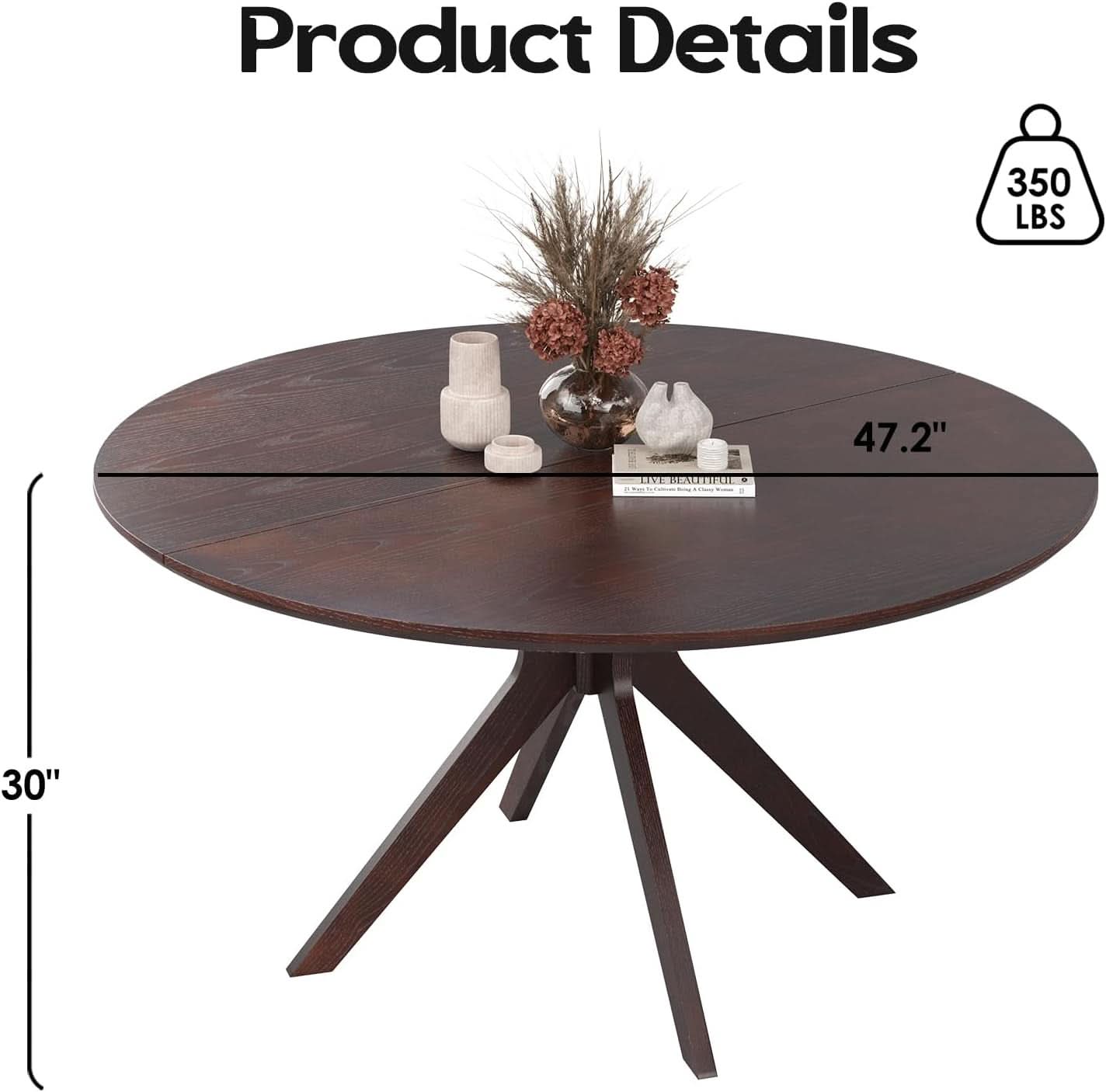Walnut 47.2-Inch Round Dining Table With X Pedestal Solid Wood