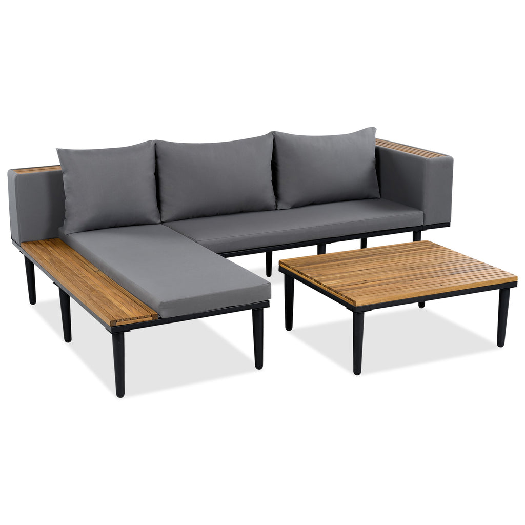 Outdoor Patio Set Acacia Wood Iron Gray L-Shape Seats 6 396 LB