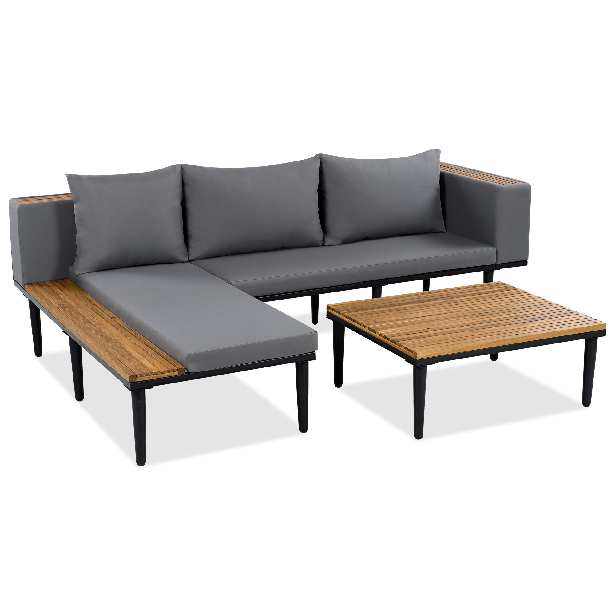 Outdoor Patio Set Acacia Wood Iron Gray L-Shape Seats 6 396 LB