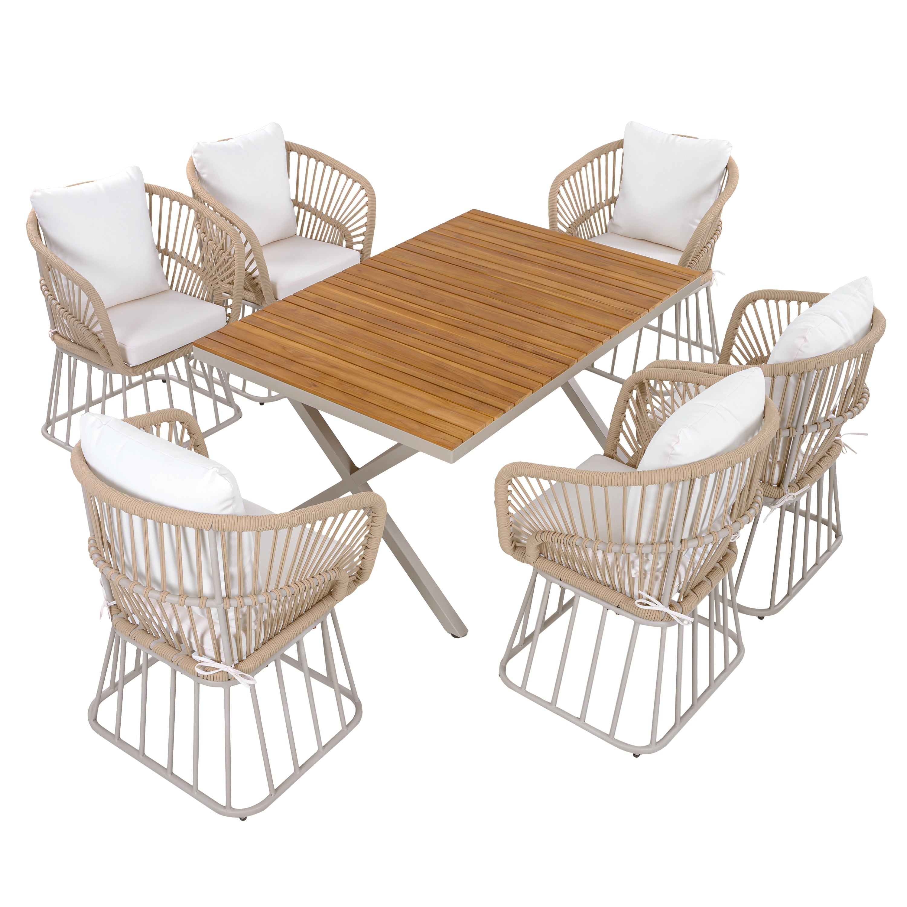 Outdoor Dining Set Teak Table Wicker Chairs Beige 7 Piece Seats 6
