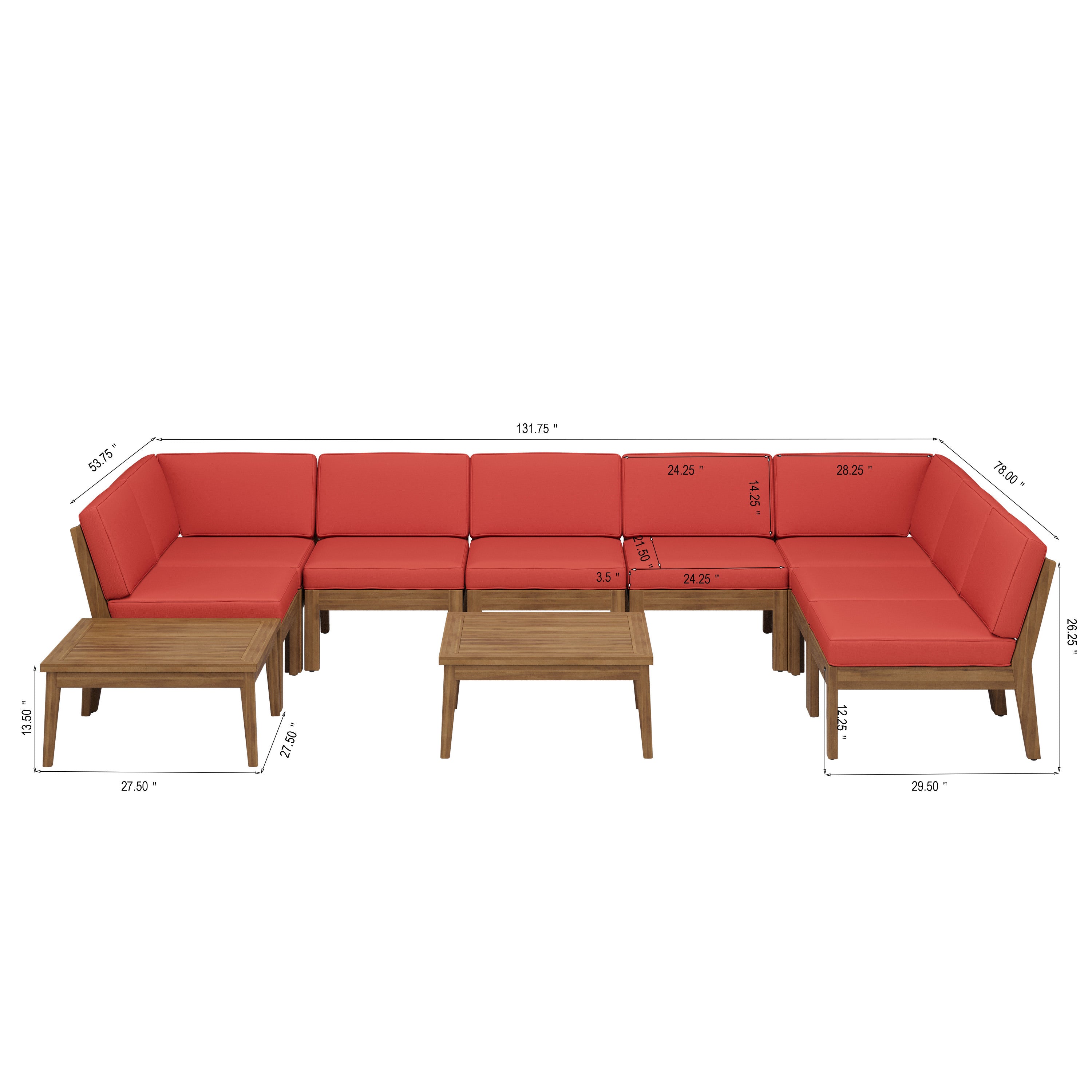 Outdoor Sectional Set Acacia Wood Teak Red Cushions 8 Seat Slatted