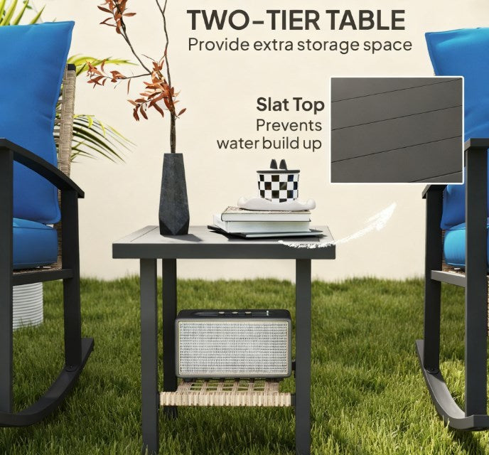 Outdoor Rocking Chair Set PE Rattan Steel Blue 3 Piece