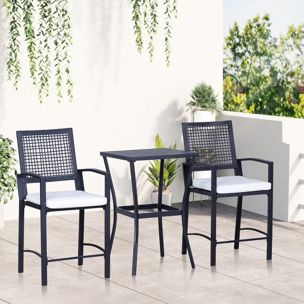 Outdoor Bar Set PE Rattan Black 3 Piece High Table 2 Bar Chairs Footrest