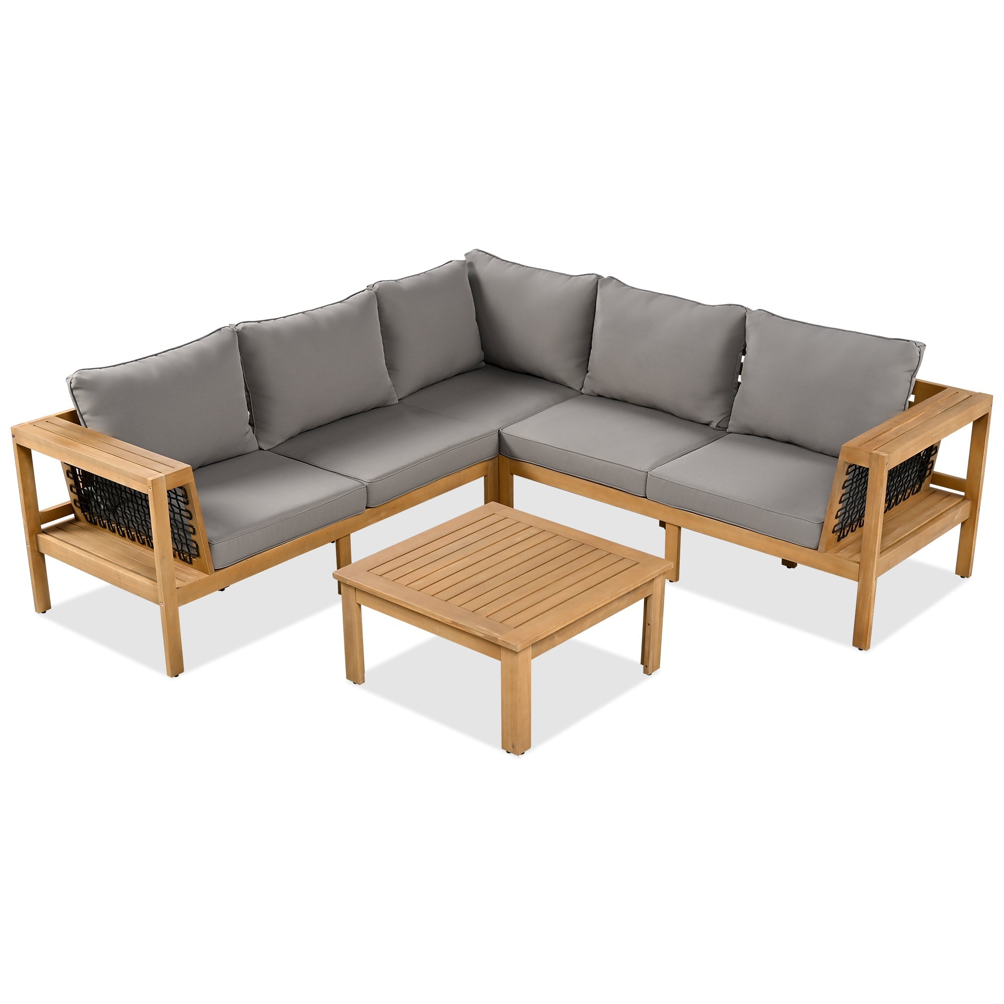 Outdoor Sofa Set Acacia Wood Rope Gray Cushion 4 Piece L-Shape Seats 6