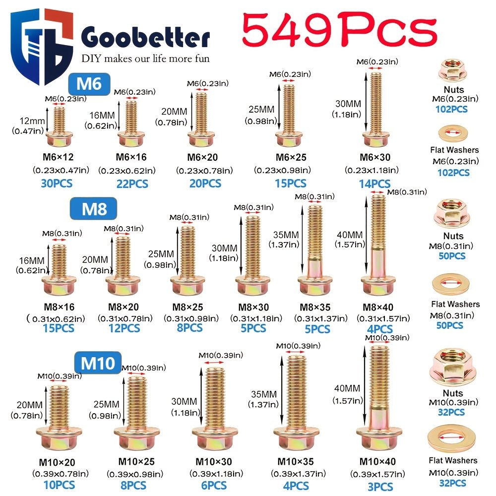 M6/M8/M10 Flange Bolt Kit (549PCS) | 8.8 Alloy Steel | Hex Bolts, Nuts & Washers