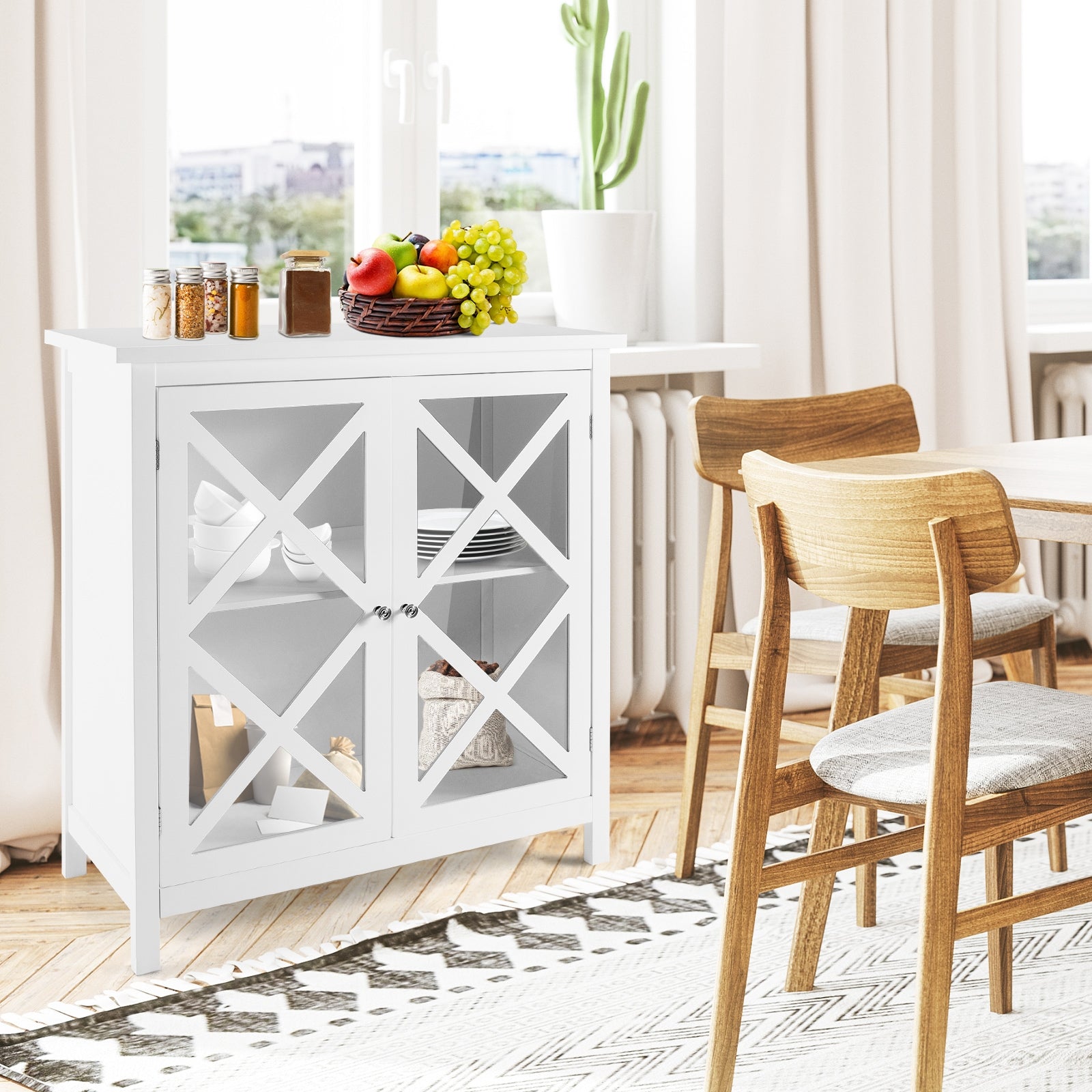 Freestanding Kitchen Buffet Cabinet with Glass Doors and Adjustable Shelf