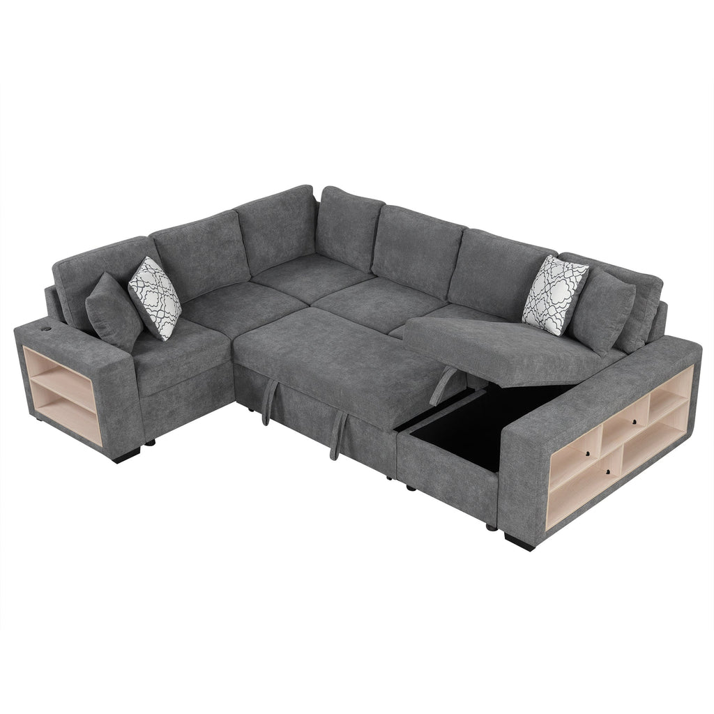 Sectional Sofa U-Shape Chenille Gray 5 Seat USB Ports Pull-Out 109 In