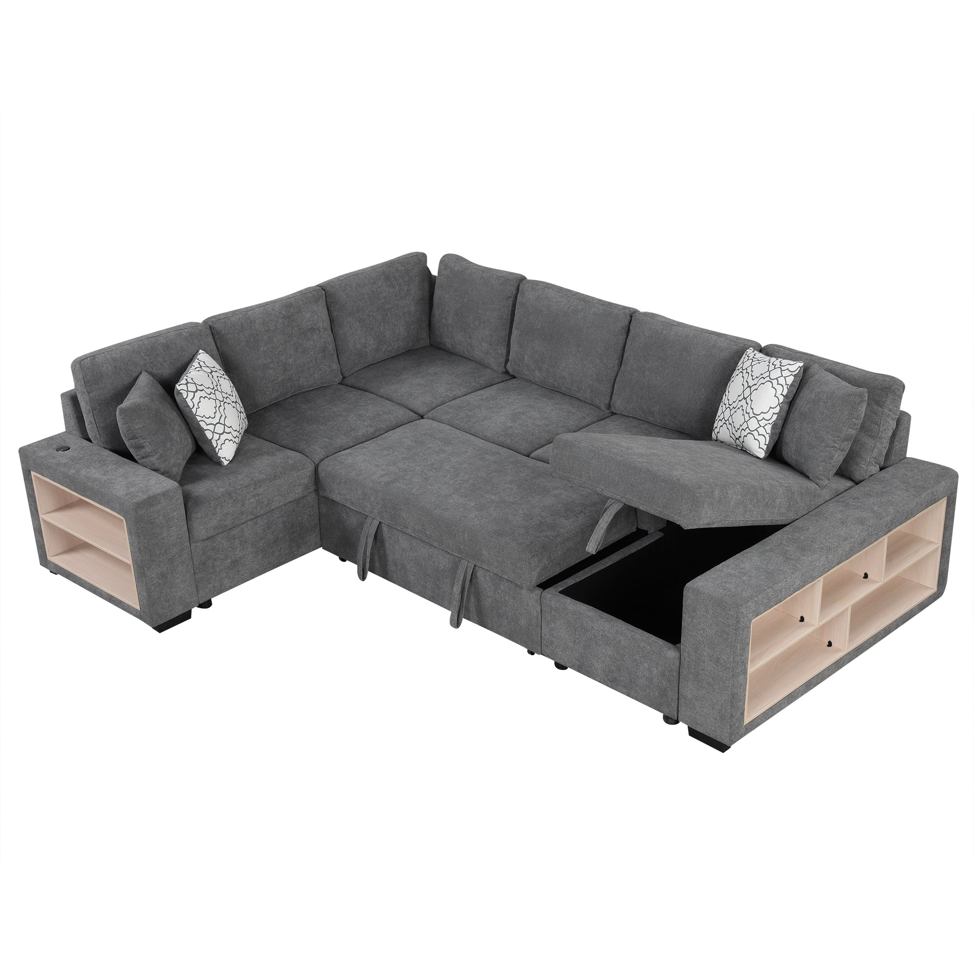 Sectional Sofa U-Shape Chenille Gray 5 Seat USB Ports Pull-Out 109 In