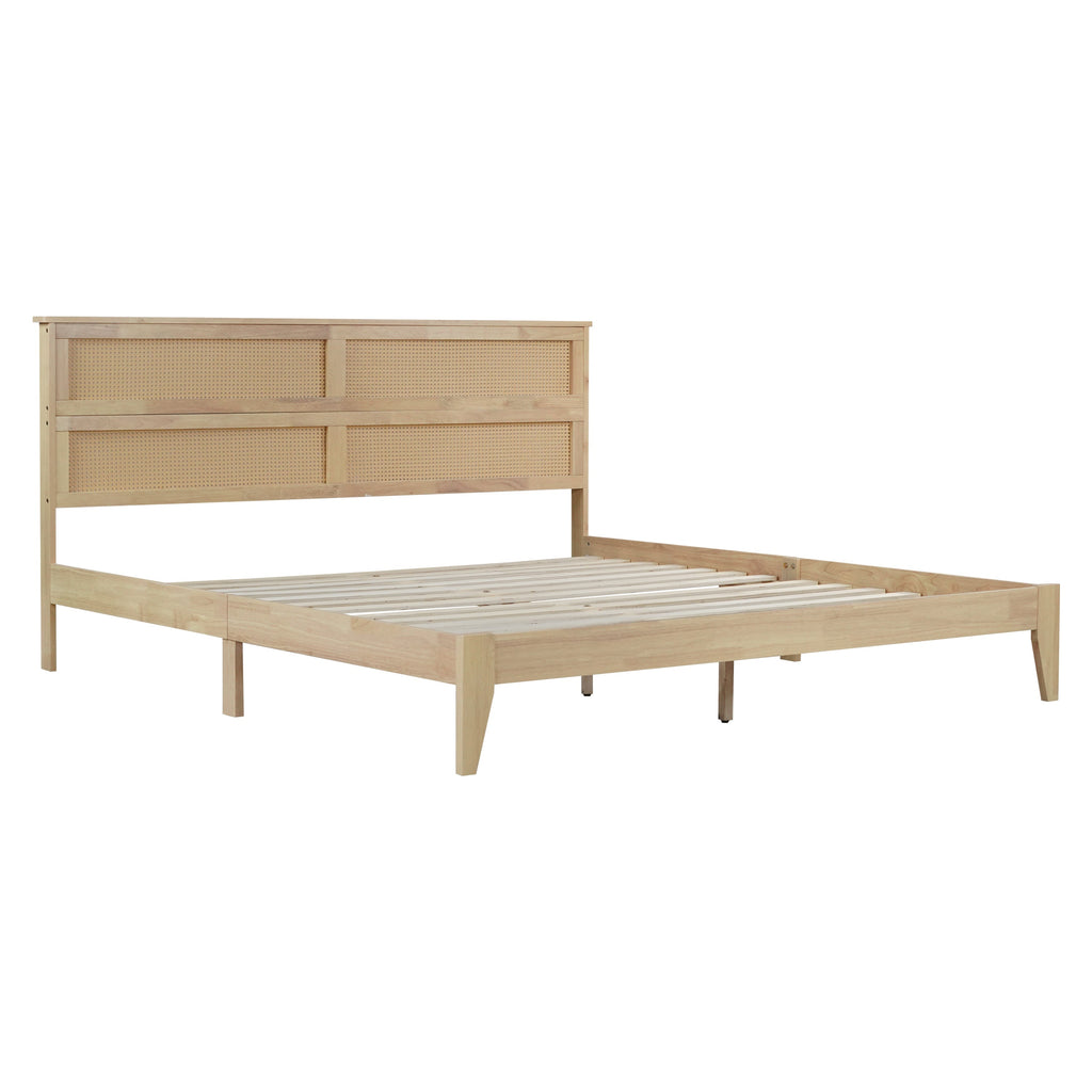 King Size Solid Wood Bed with Rattan Headboard, Rubber Wood Bed with Central
