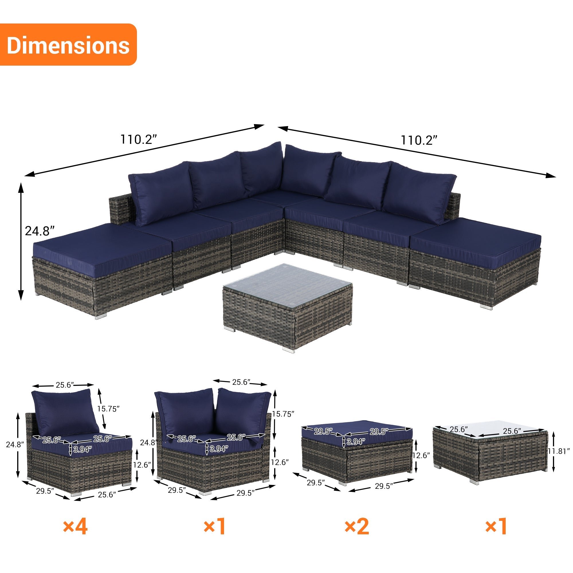 Outdoor Sectional Set PE Rattan Steel Dark Blue 8 Piece Seats 8 380 LB