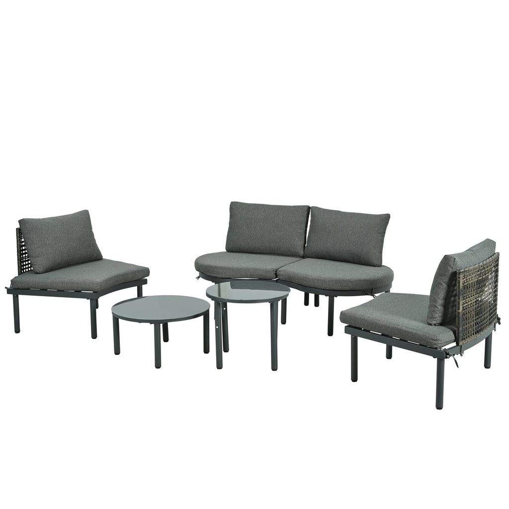Outdoor Sectional Set PE Wicker Aluminum Gray Half Moon 6 Piece 300 LB