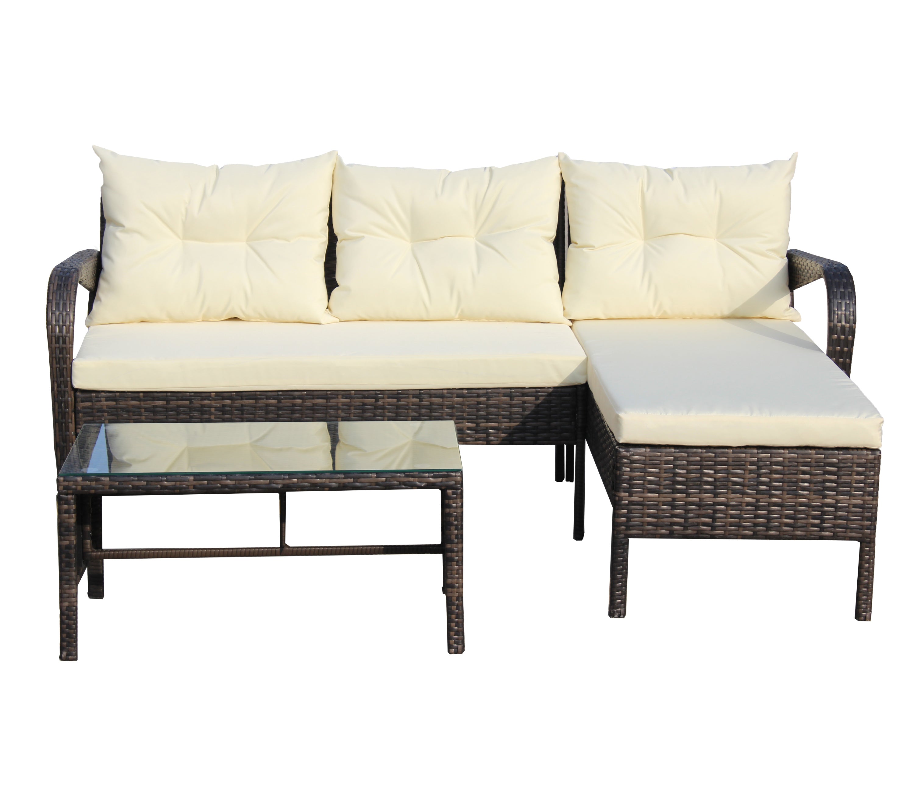 Outdoor Sectional Set PE Rattan Steel Brown Beige Cushion 3 Piece 560 LB