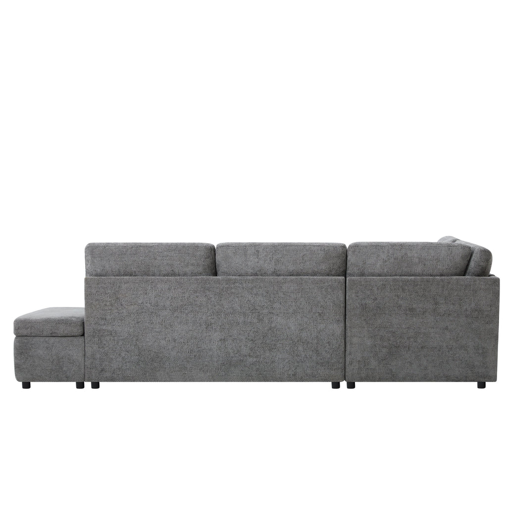 Sofa Bed L-Shape Chenille Gray 6 Seat Pull-Out USB Ports 107 In