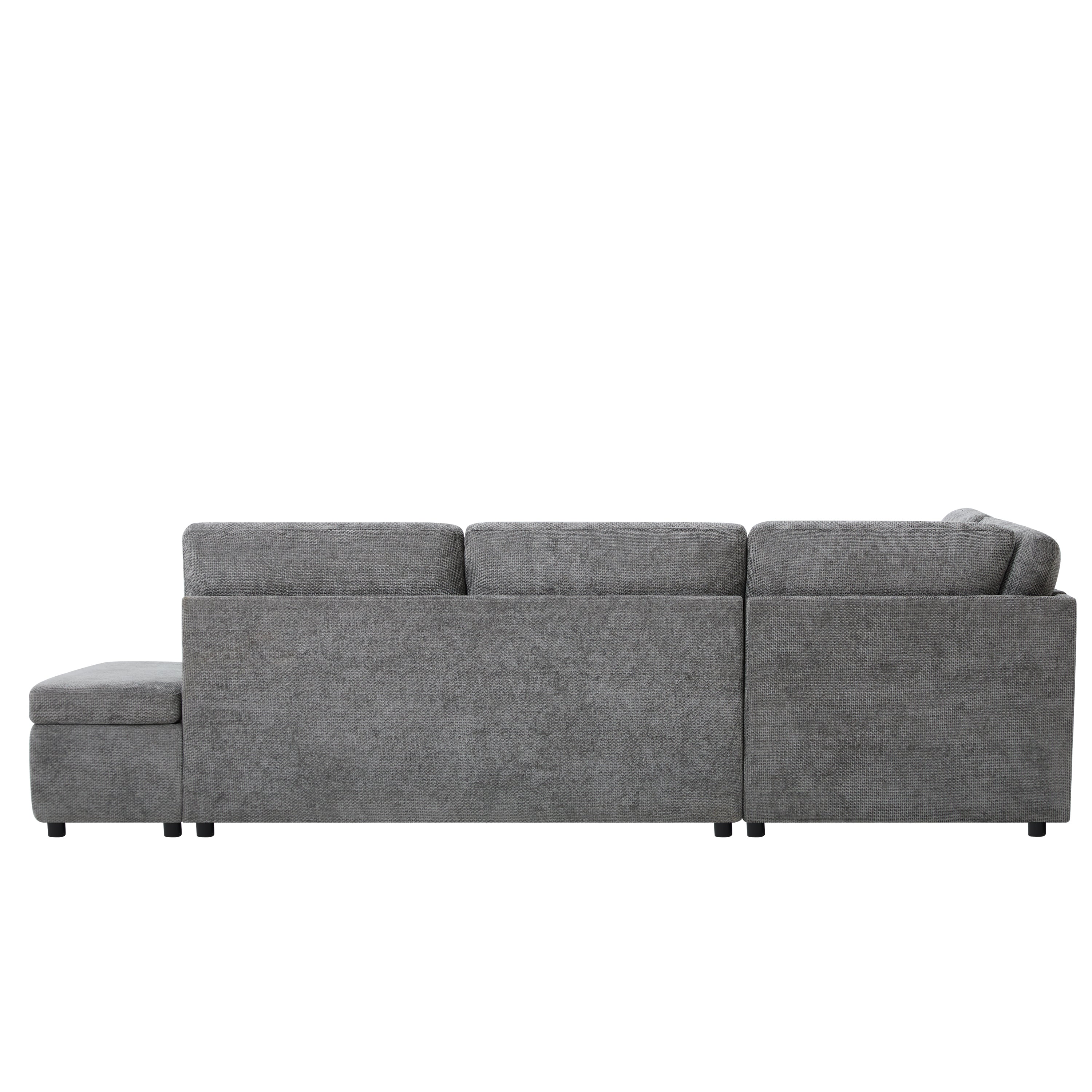 Sofa Bed L-Shape Chenille Gray 6 Seat Pull-Out USB Ports 107 In