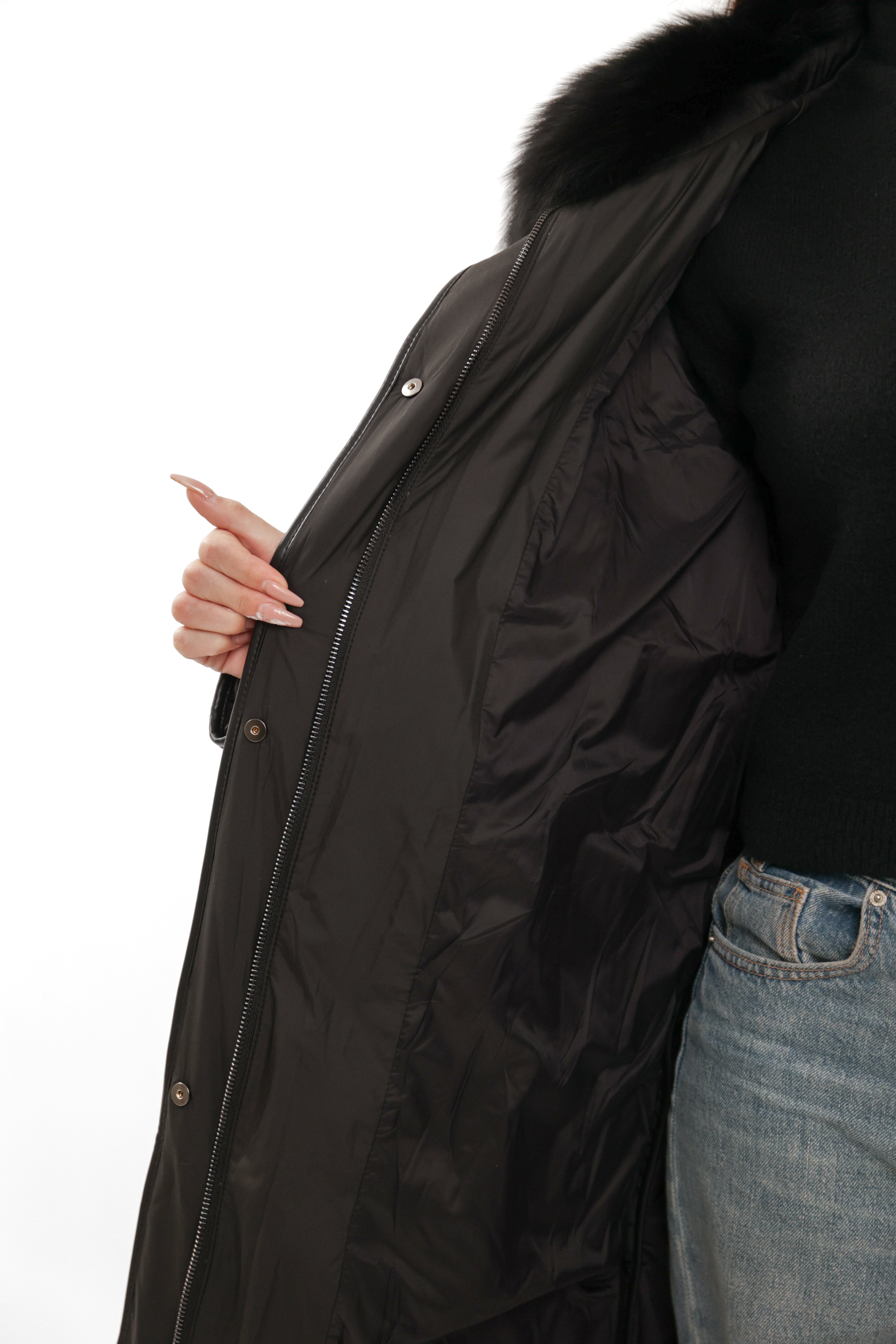 Riley Genuine Fur Trim Down Fill Coat in Black