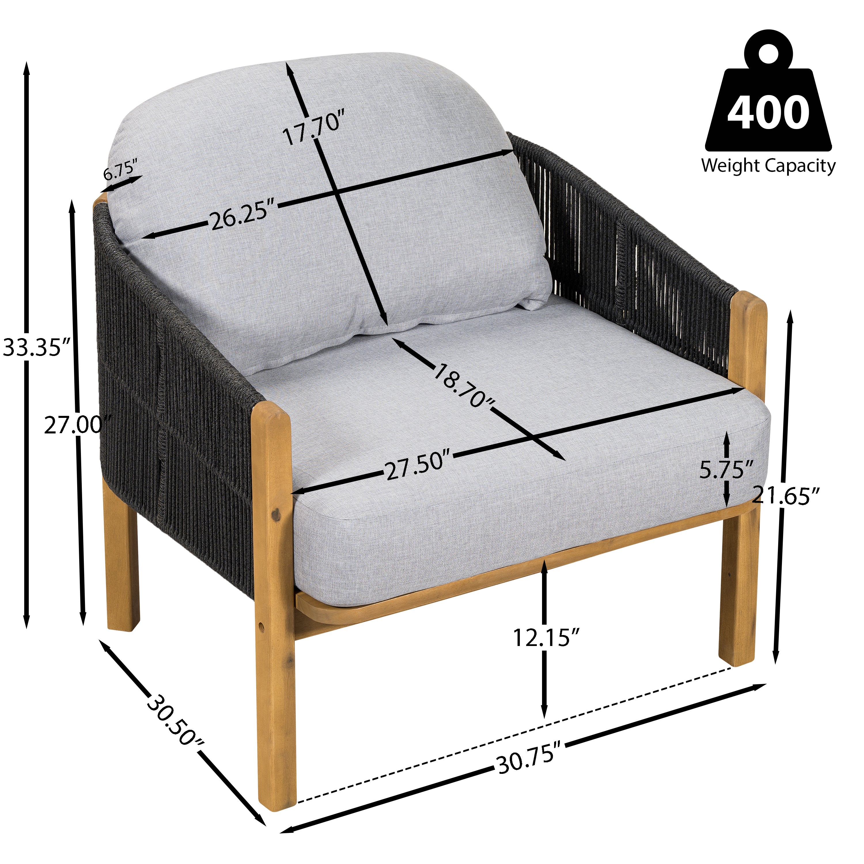 Outdoor Club Chair Acacia Wood Rope Woven Dark Gray Cushion