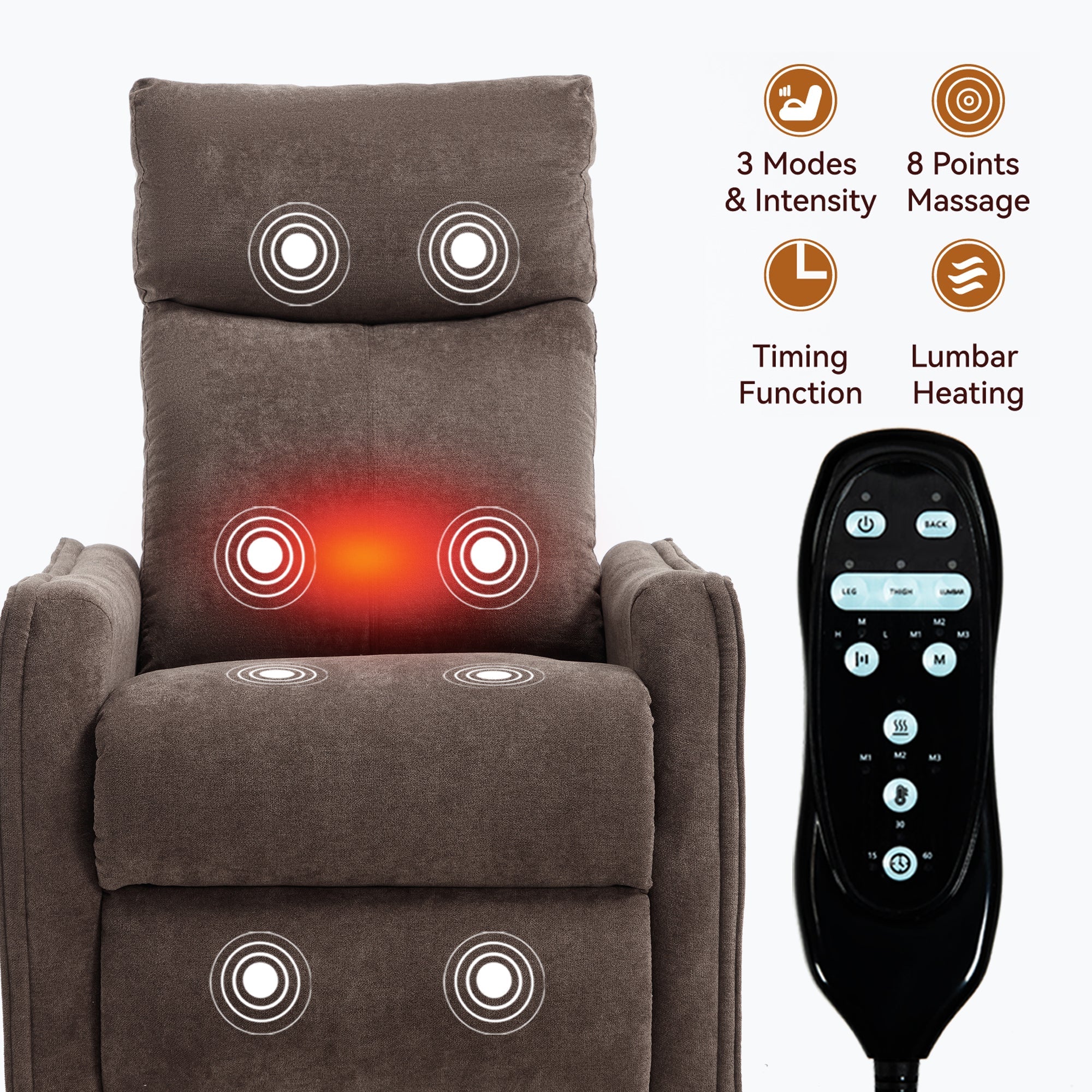 Recliner Chair Swivel Rocker Polyester Brown 360 Degree Heat Massage 155
