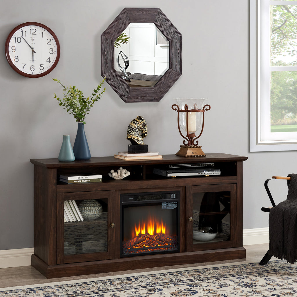 TV Stand Fireplace American Traditional Brown MDF 1400W Fits 65 In TV 60 In