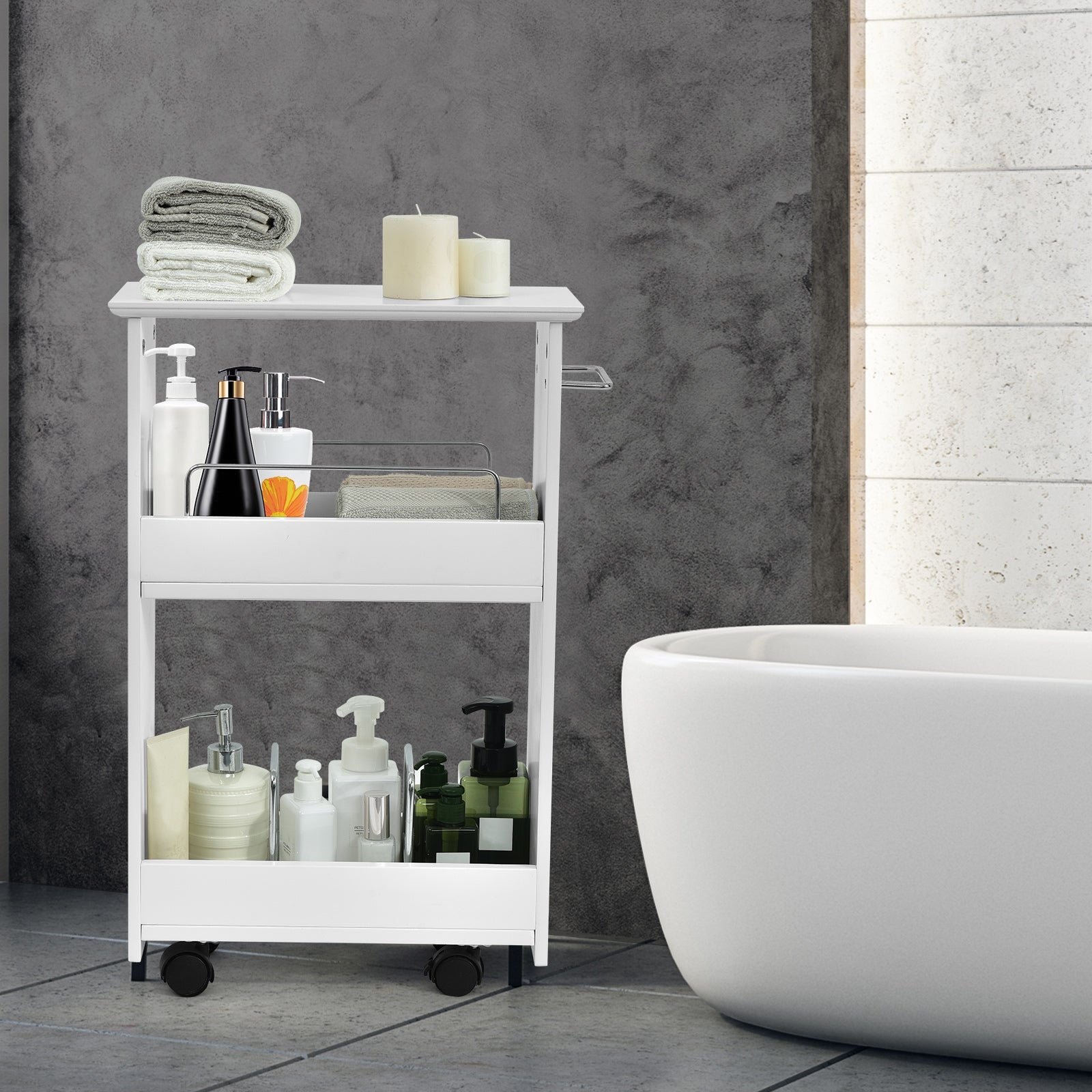 Slim Rolling 3-Tier Bathroom Mobile Shelving Cabinet wih Handle