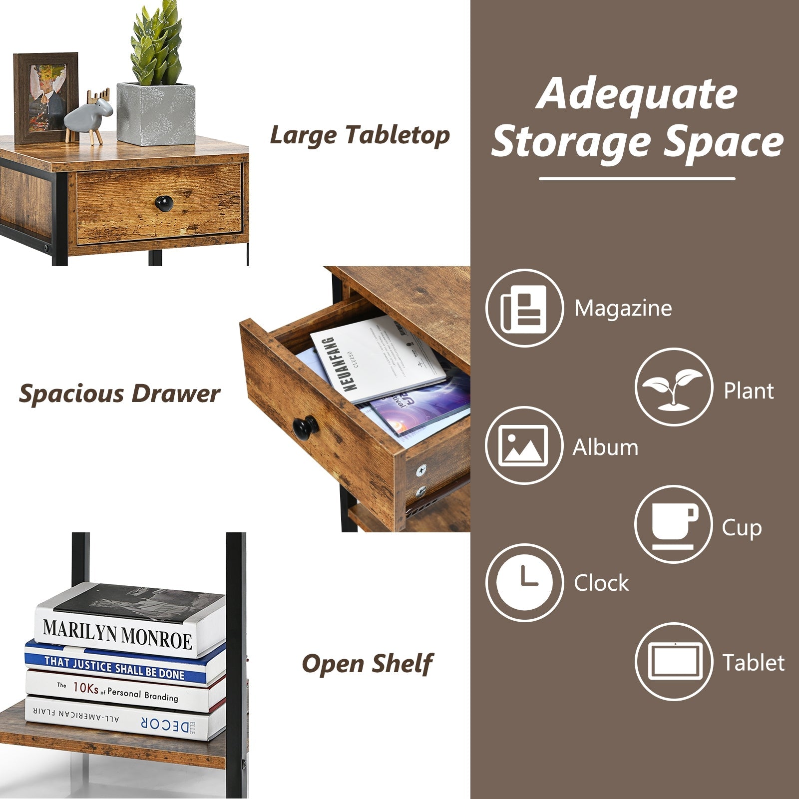 Industrial End Side Table Nightstand with Drawer Shelf