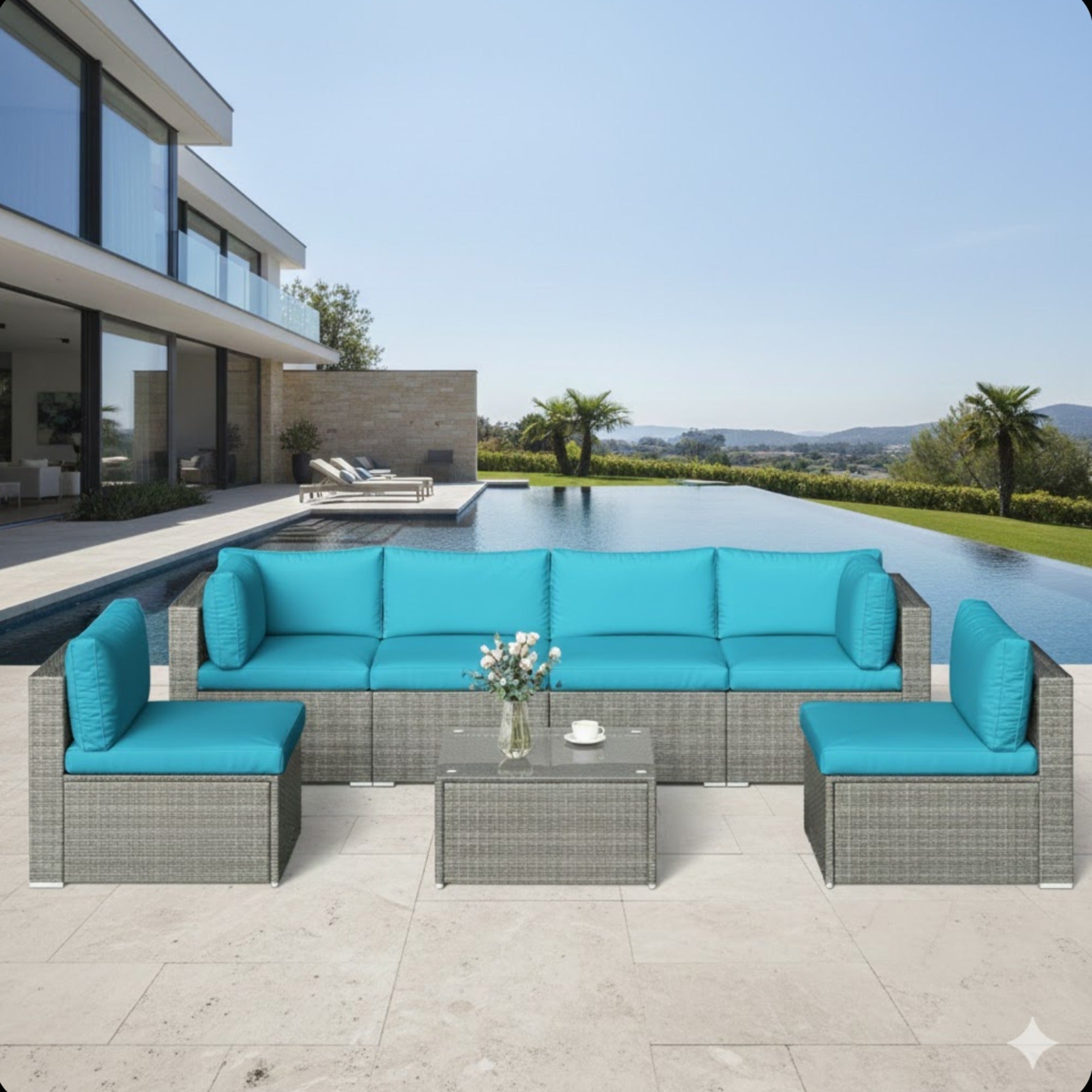 7 Piece Outdoor Sectional Set PE Rattan Gray Blue