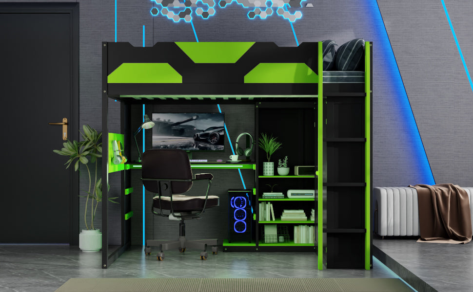 Full Size Wood Loft Bed with Desk, Multi-storage Shelves,USB and RGB Light,Green