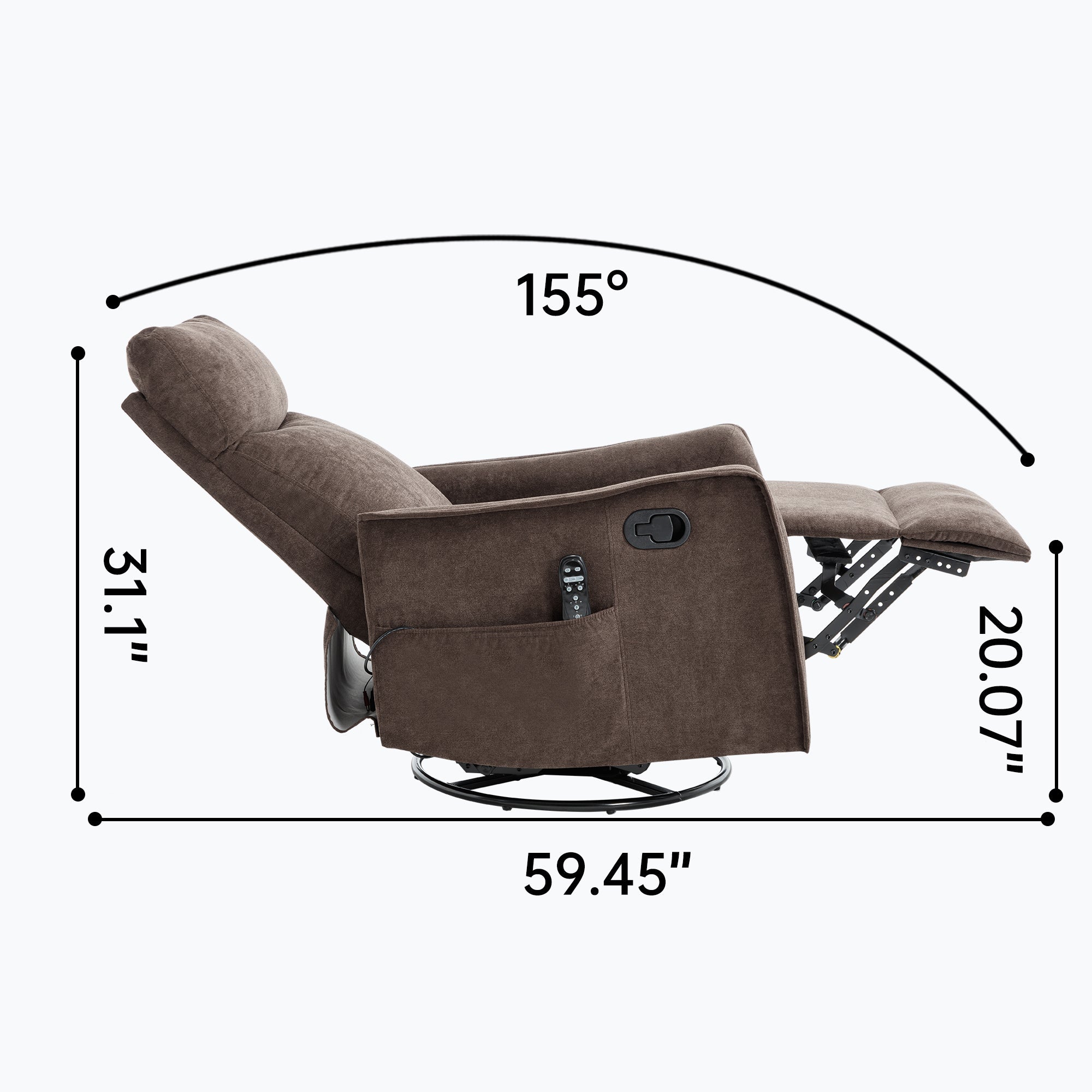 Recliner Chair Swivel Rocker Polyester Brown 360 Degree Heat Massage 155